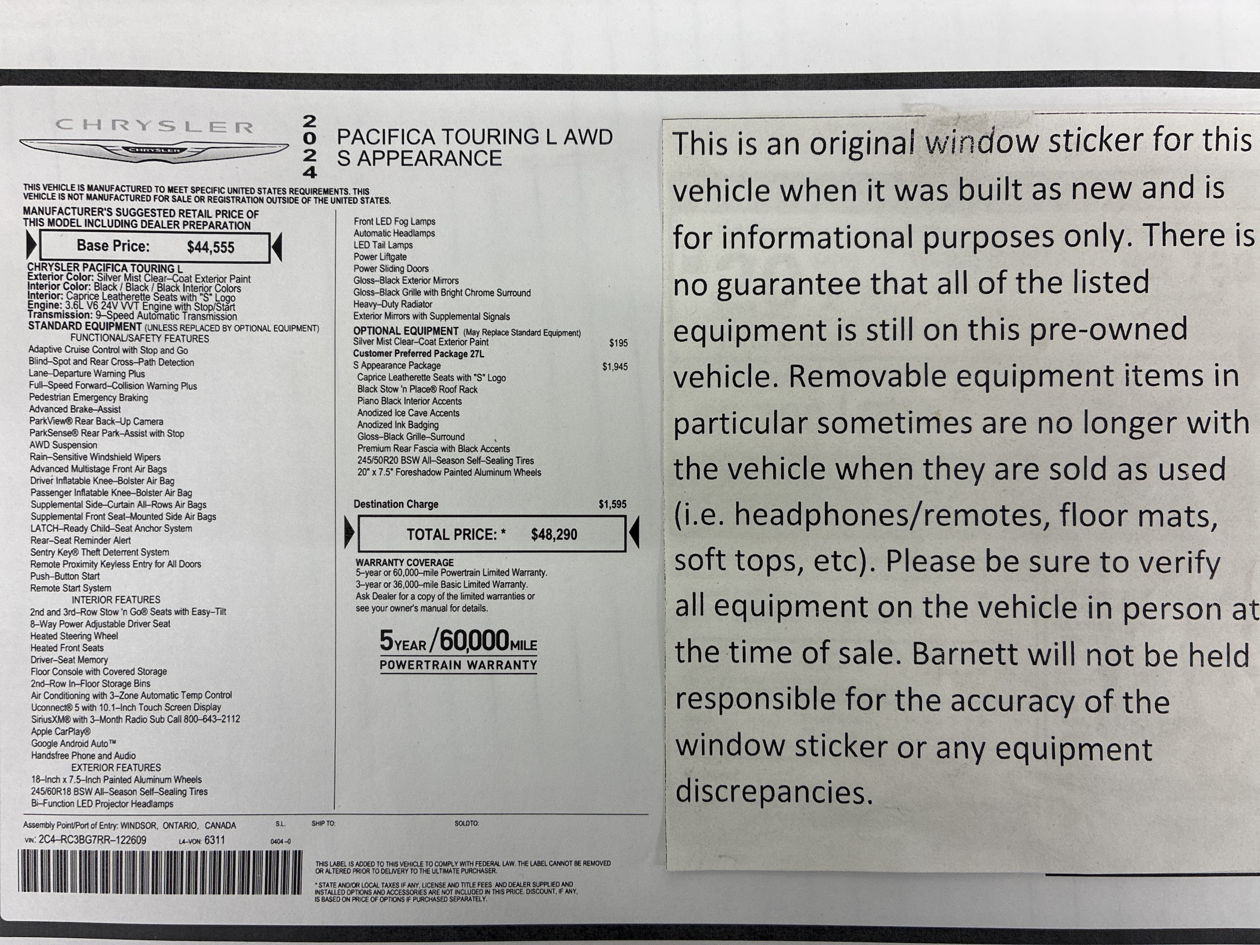 Certified 2024 Chrysler Pacifica Touring L with VIN 2C4RC3BG7RR122609 for sale in White Bear Lake, Minnesota