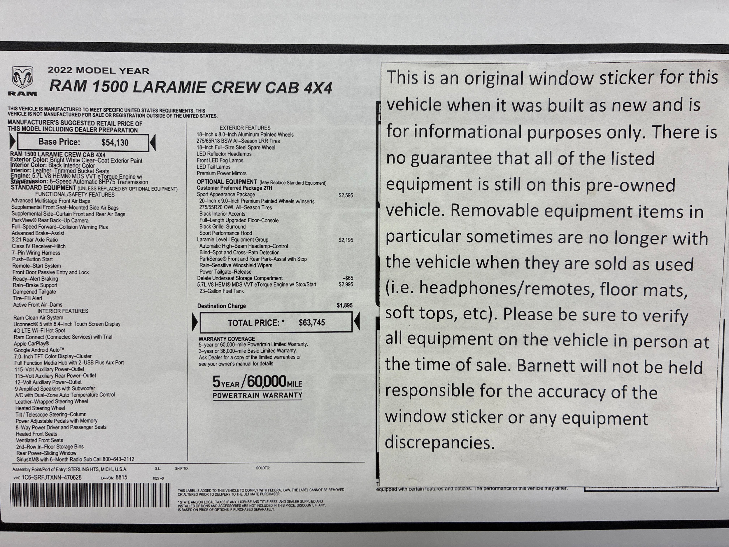 Certified 2022 RAM Ram 1500 Pickup Laramie with VIN 1C6SRFJTXNN470628 for sale in White Bear Lake, Minnesota