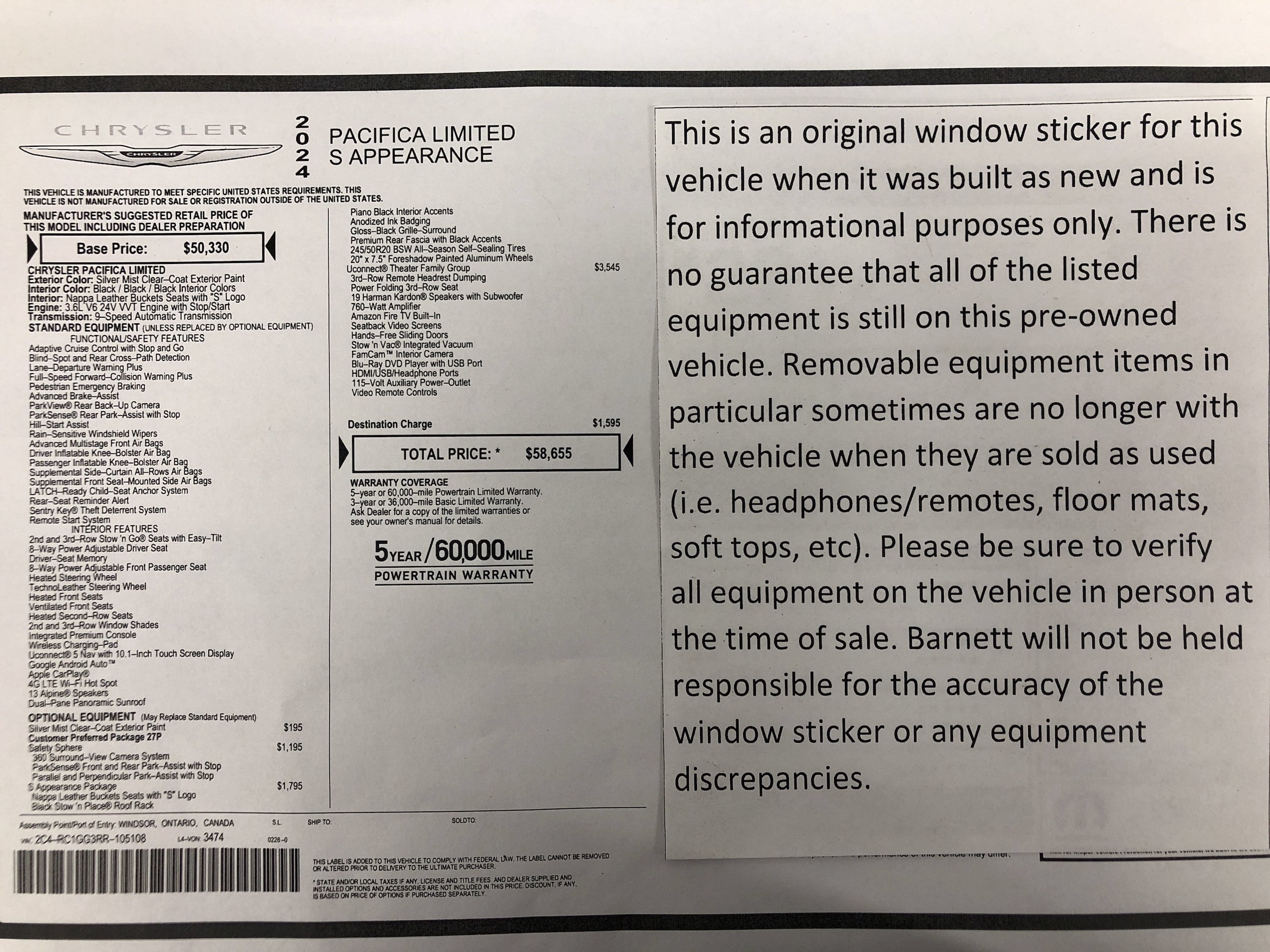 Used 2024 Chrysler Pacifica Limited with VIN 2C4RC1GG3RR105108 for sale in White Bear Township, Minnesota