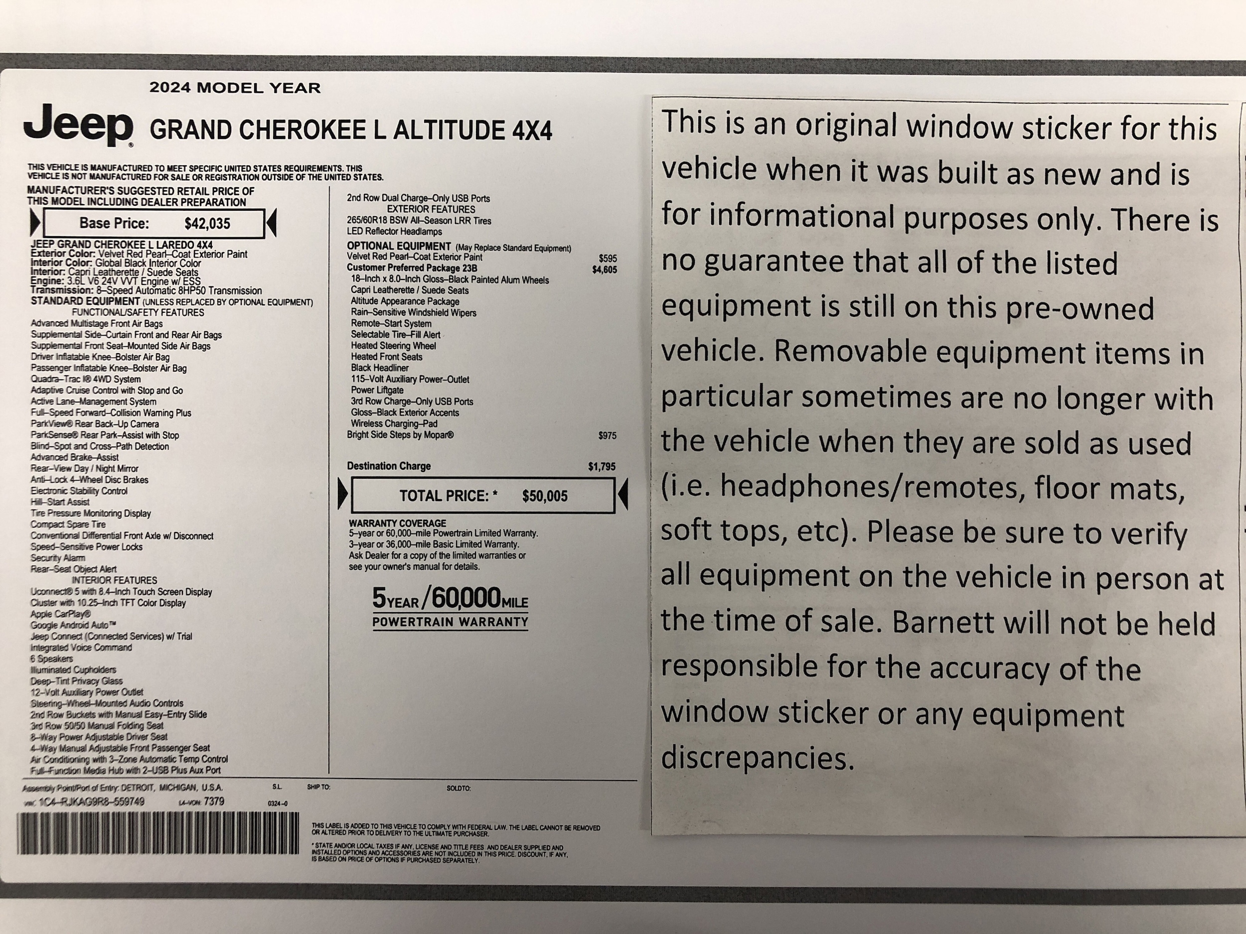 Certified 2024 Jeep Grand Cherokee L Altitude with VIN 1C4RJKAG9R8559749 for sale in White Bear Lake, Minnesota