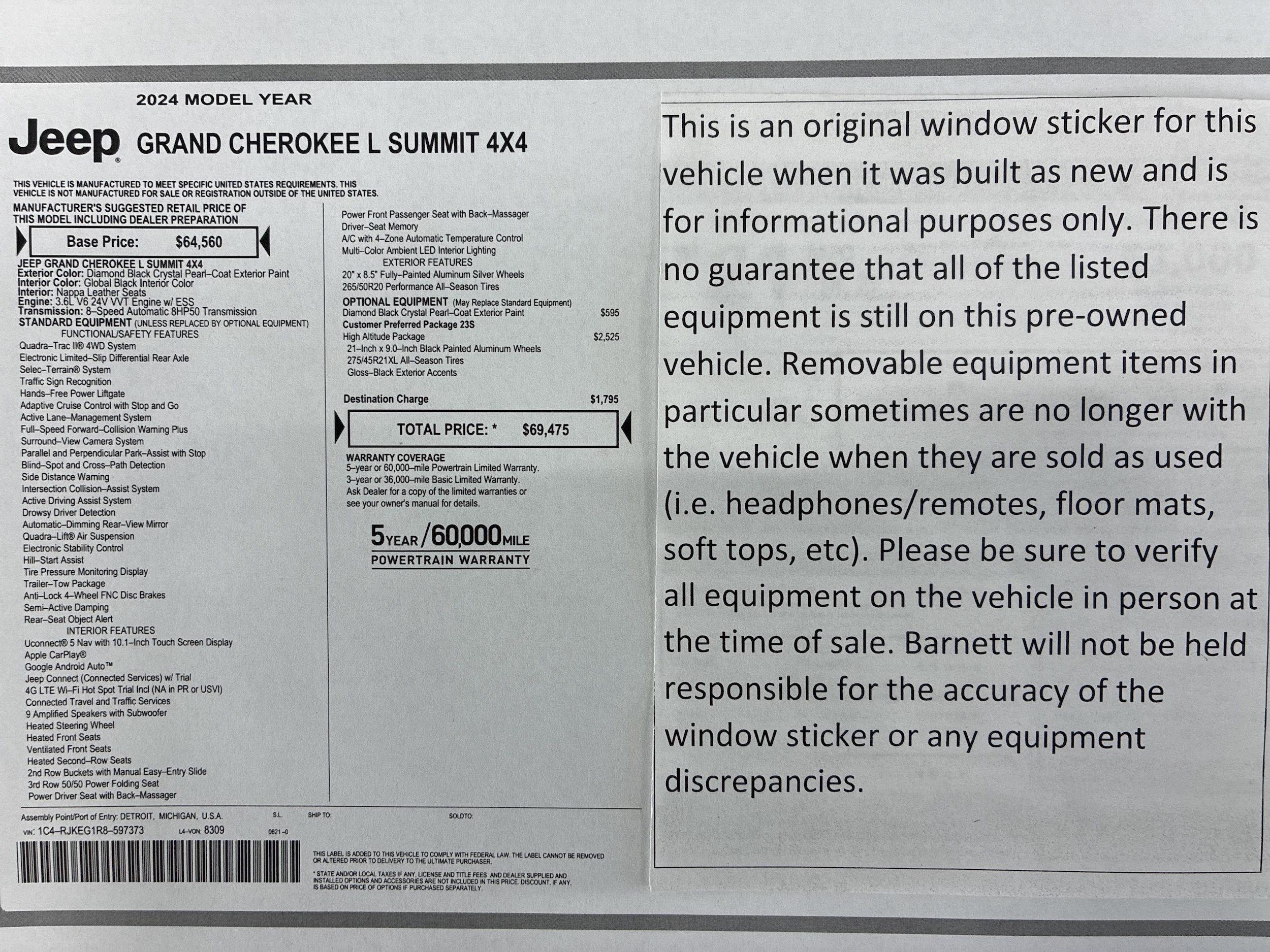 Certified 2024 Jeep Grand Cherokee L Summit with VIN 1C4RJKEG1R8597373 for sale in White Bear Lake, Minnesota