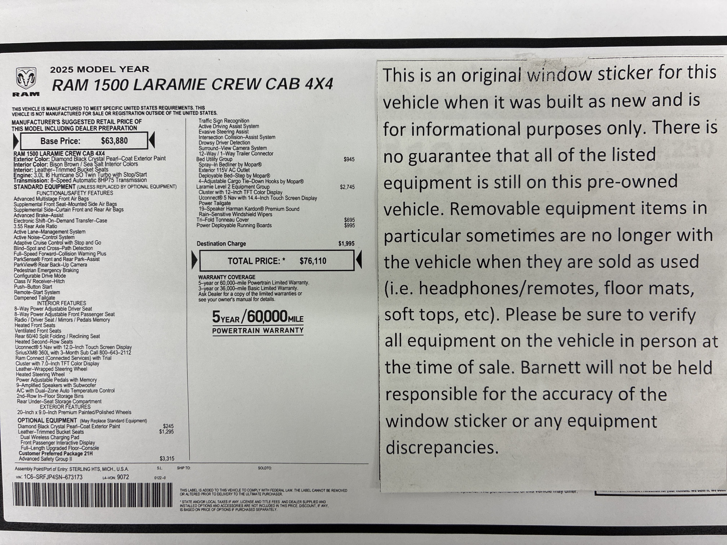 Used 2025 RAM Ram 1500 Pickup Laramie with VIN 1C6SRFJP4SN673173 for sale in White Bear Lake, Minnesota