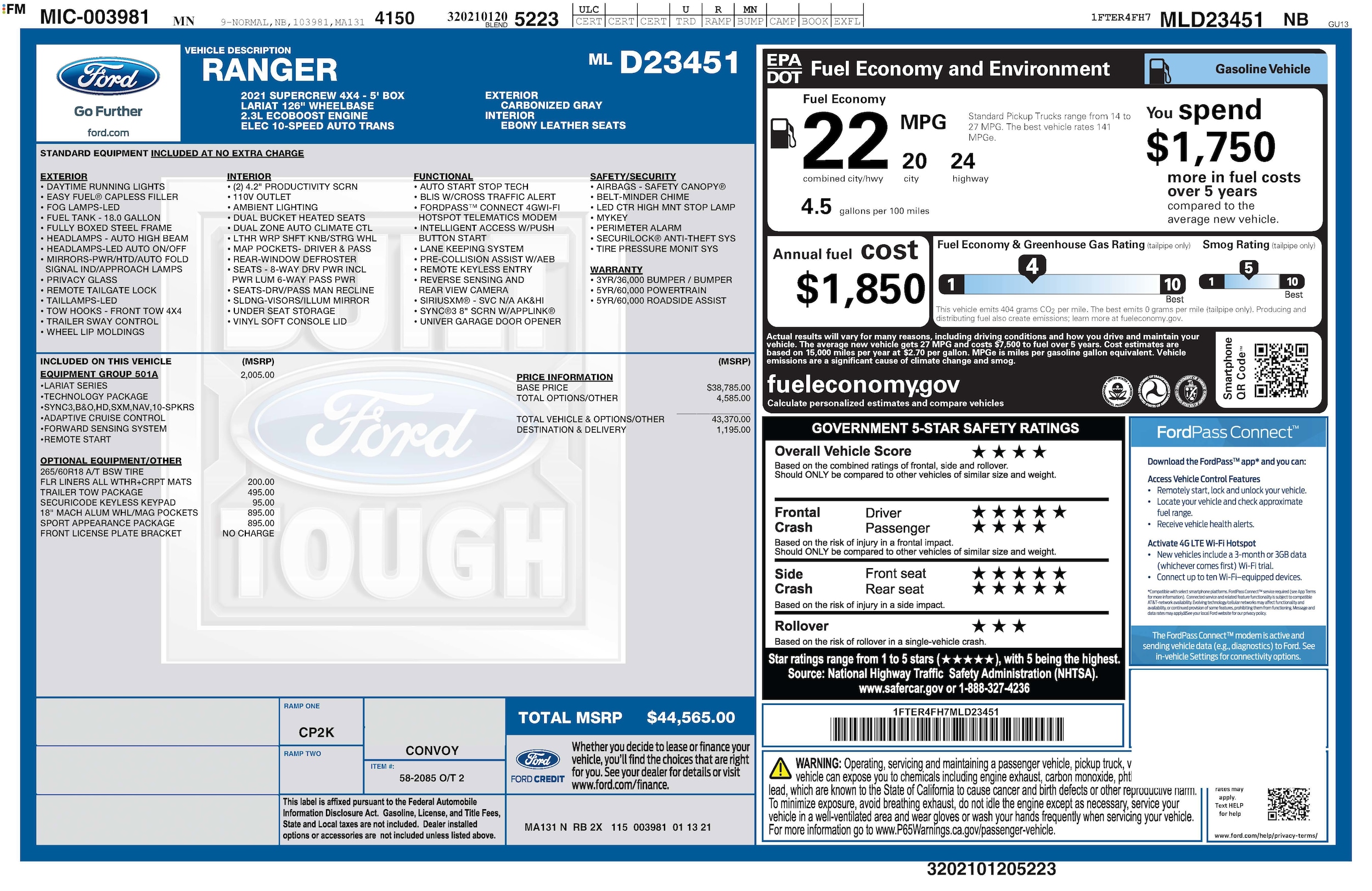 Used 2021 Ford Ranger Lariat with VIN 1FTER4FH7MLD23451 for sale in White Bear Lake, Minnesota