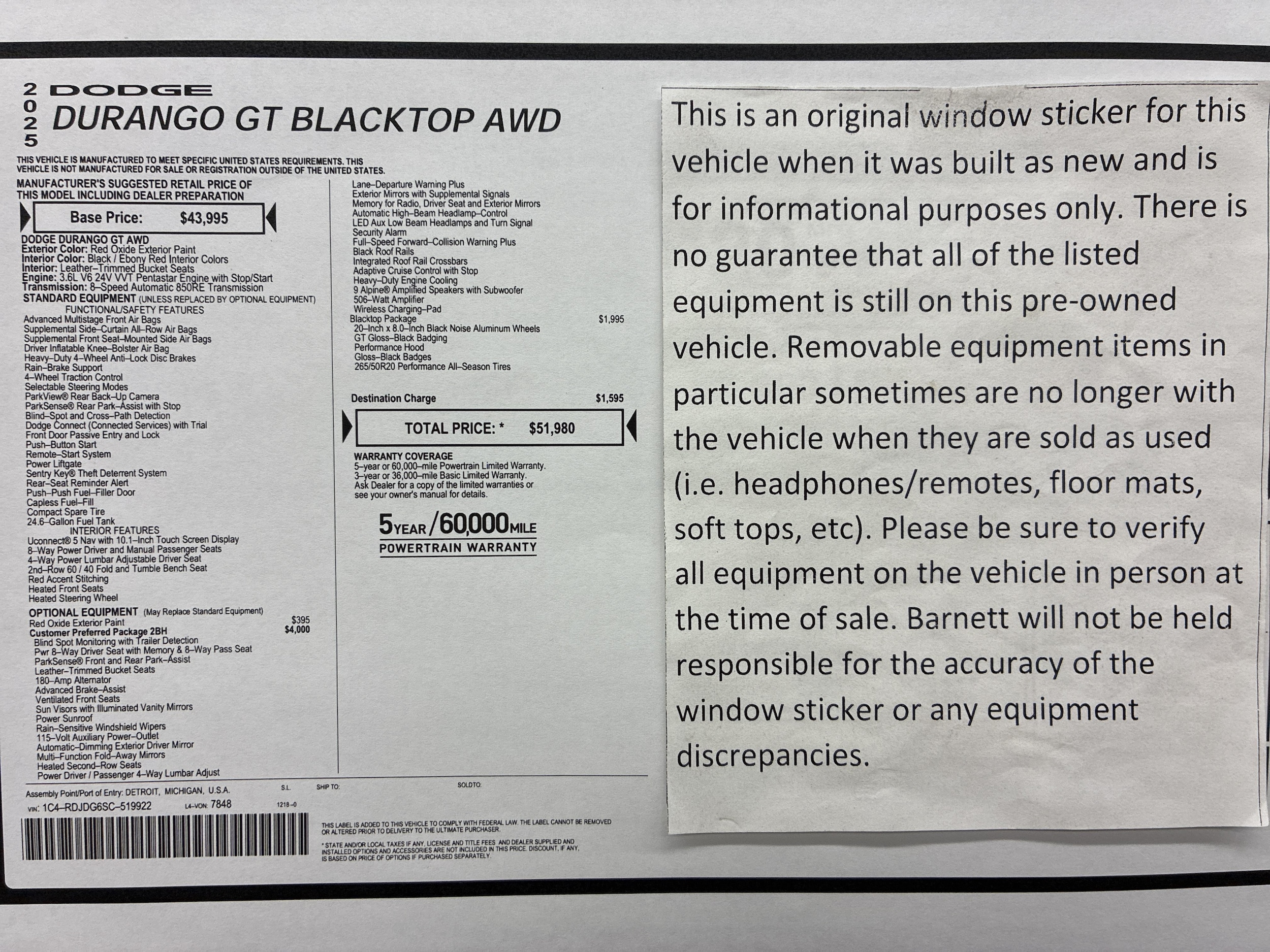Certified 2025 Dodge Durango GT with VIN 1C4RDJDG6SC519922 for sale in White Bear Lake, Minnesota