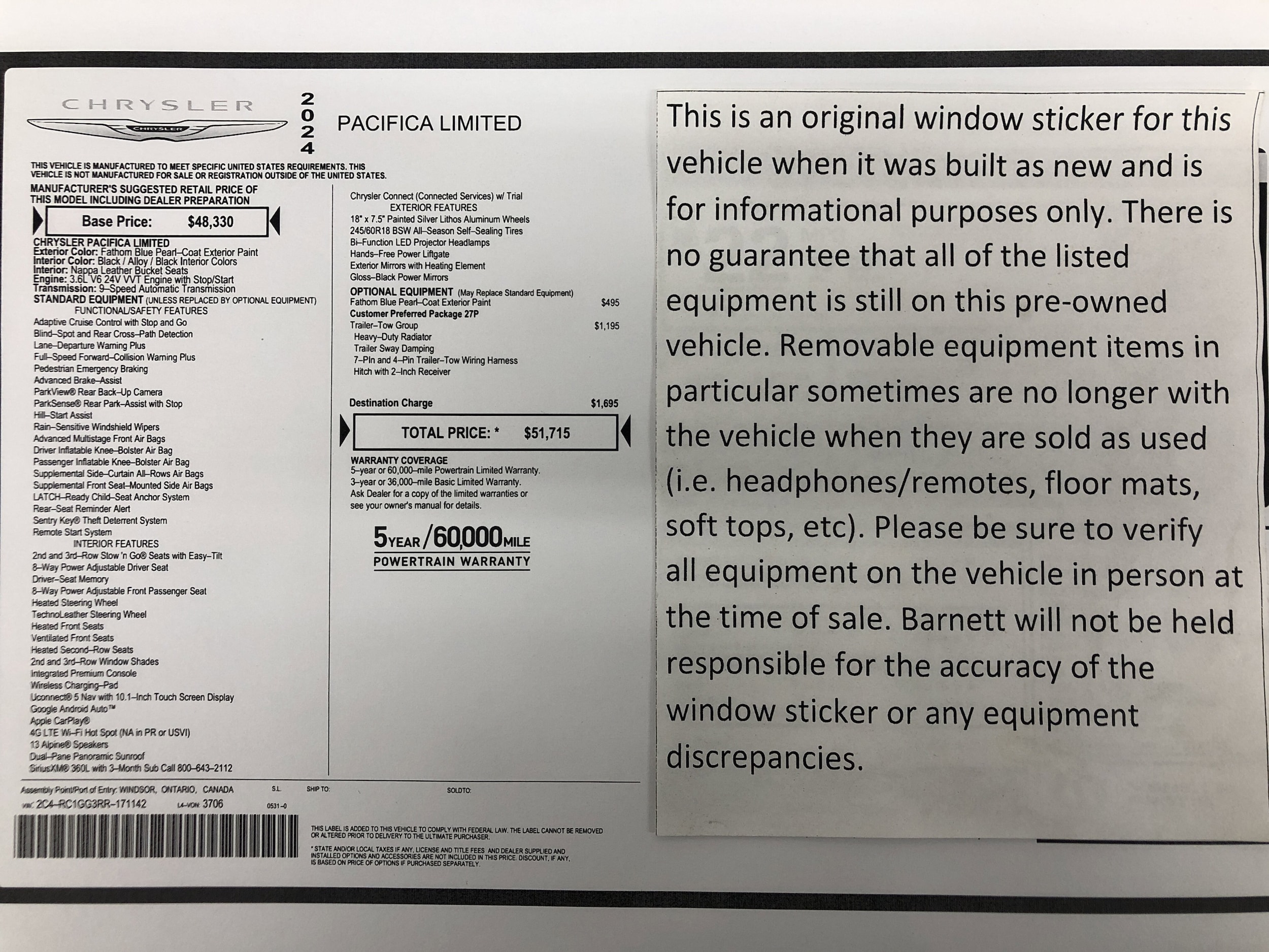 Used 2024 Chrysler Pacifica Limited with VIN 2C4RC1GG3RR171142 for sale in White Bear Lake, Minnesota