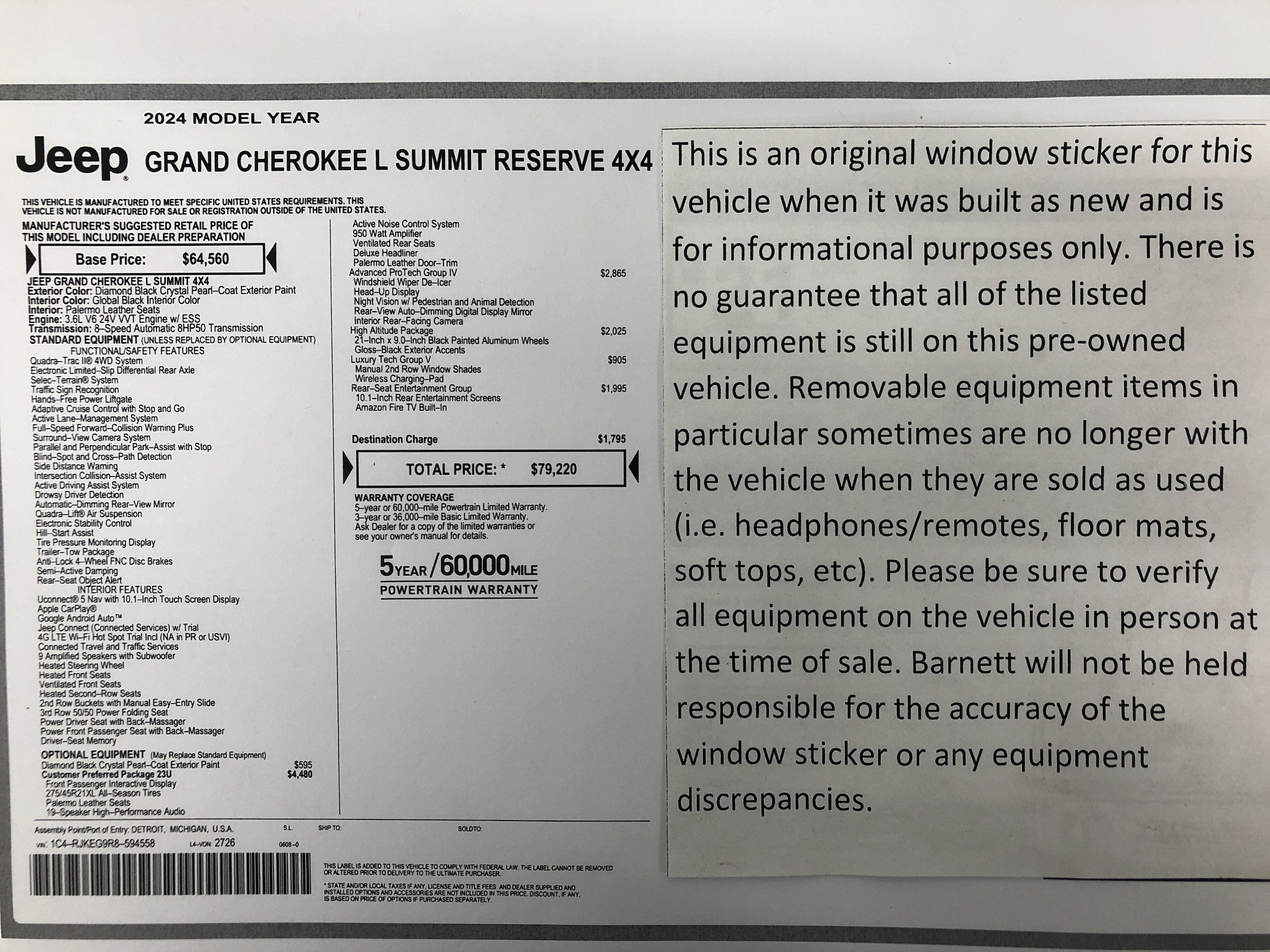 Certified 2024 Jeep Grand Cherokee L Summit Reserve with VIN 1C4RJKEG9R8594558 for sale in White Bear Township, Minnesota