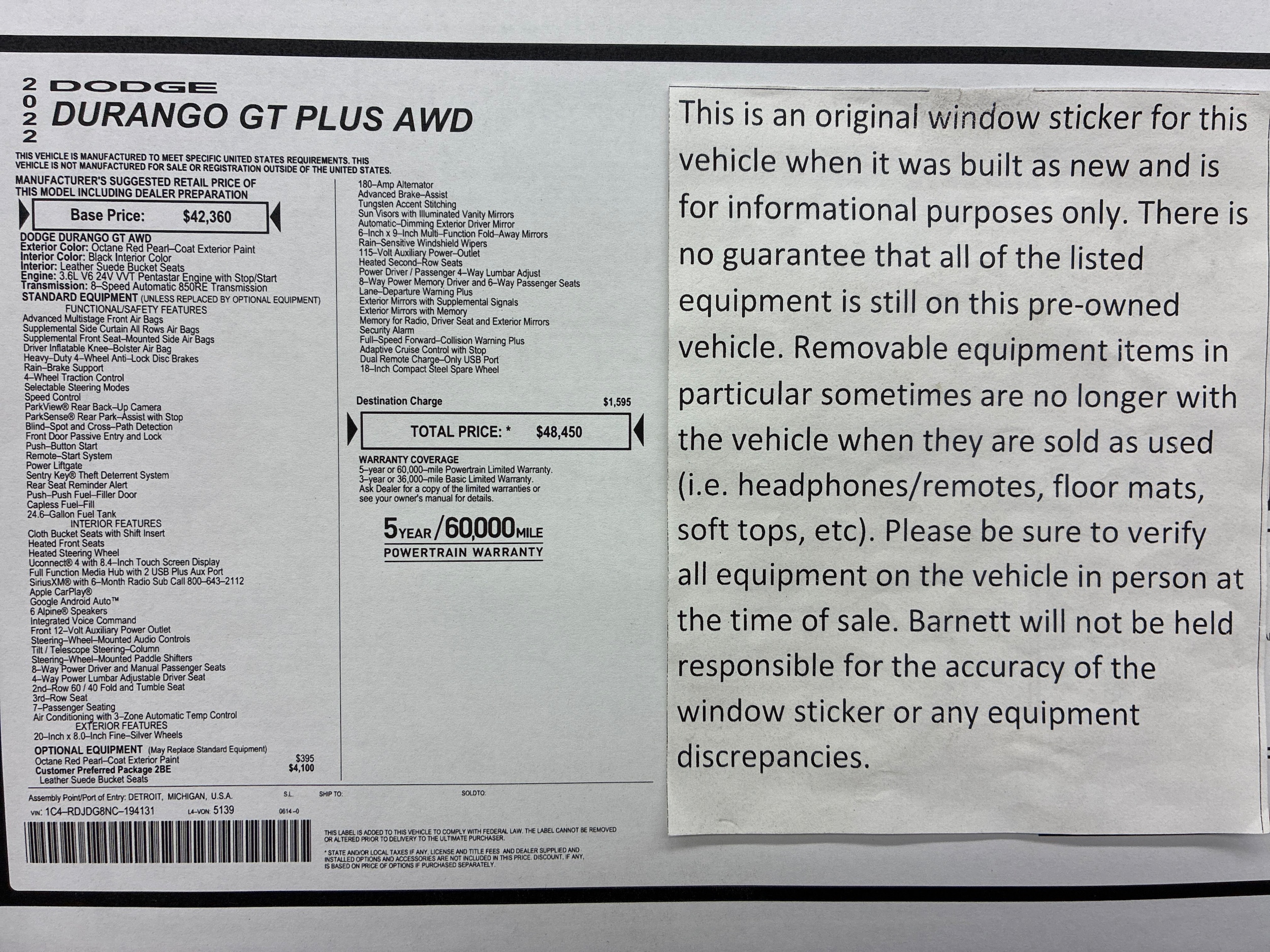 Certified 2022 Dodge Durango GT Plus with VIN 1C4RDJDG8NC194131 for sale in White Bear Lake, Minnesota