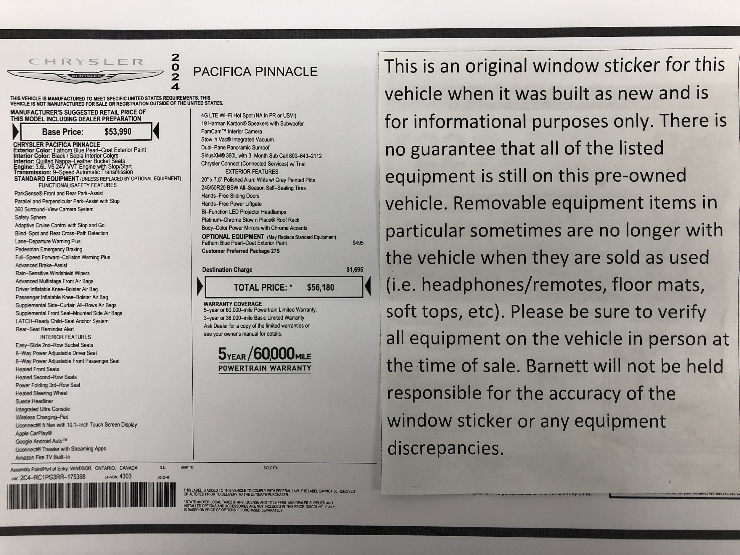 Used 2024 Chrysler Pacifica Pinnacle with VIN 2C4RC1PG3RR175398 for sale in White Bear Lake, Minnesota