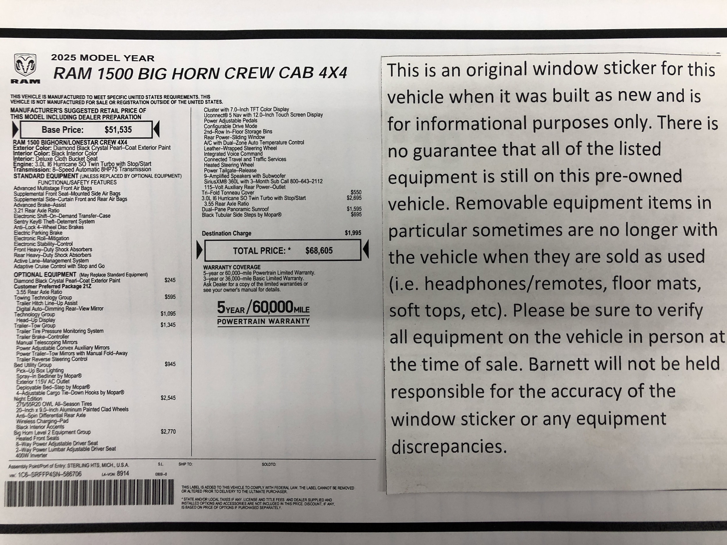 Certified 2025 RAM Ram 1500 Pickup Big Horn/Lone Star with VIN 1C6SRFFP4SN586706 for sale in White Bear Lake, Minnesota