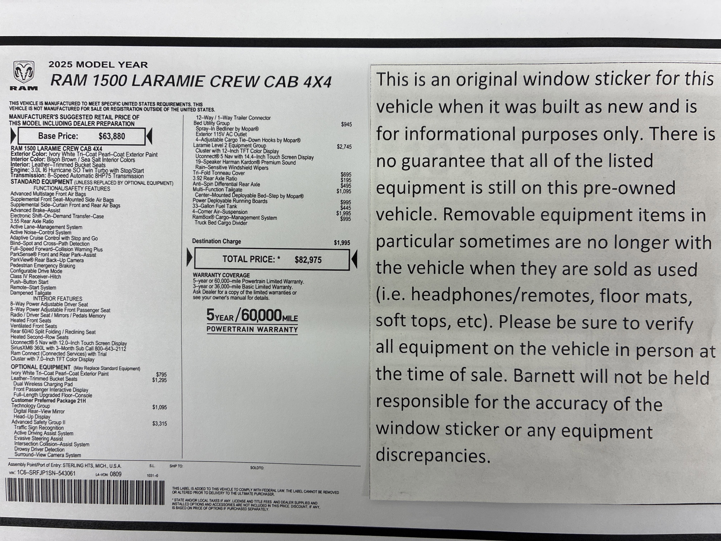 Certified 2025 RAM Ram 1500 Pickup Laramie with VIN 1C6SRFJP1SN543061 for sale in White Bear Lake, Minnesota