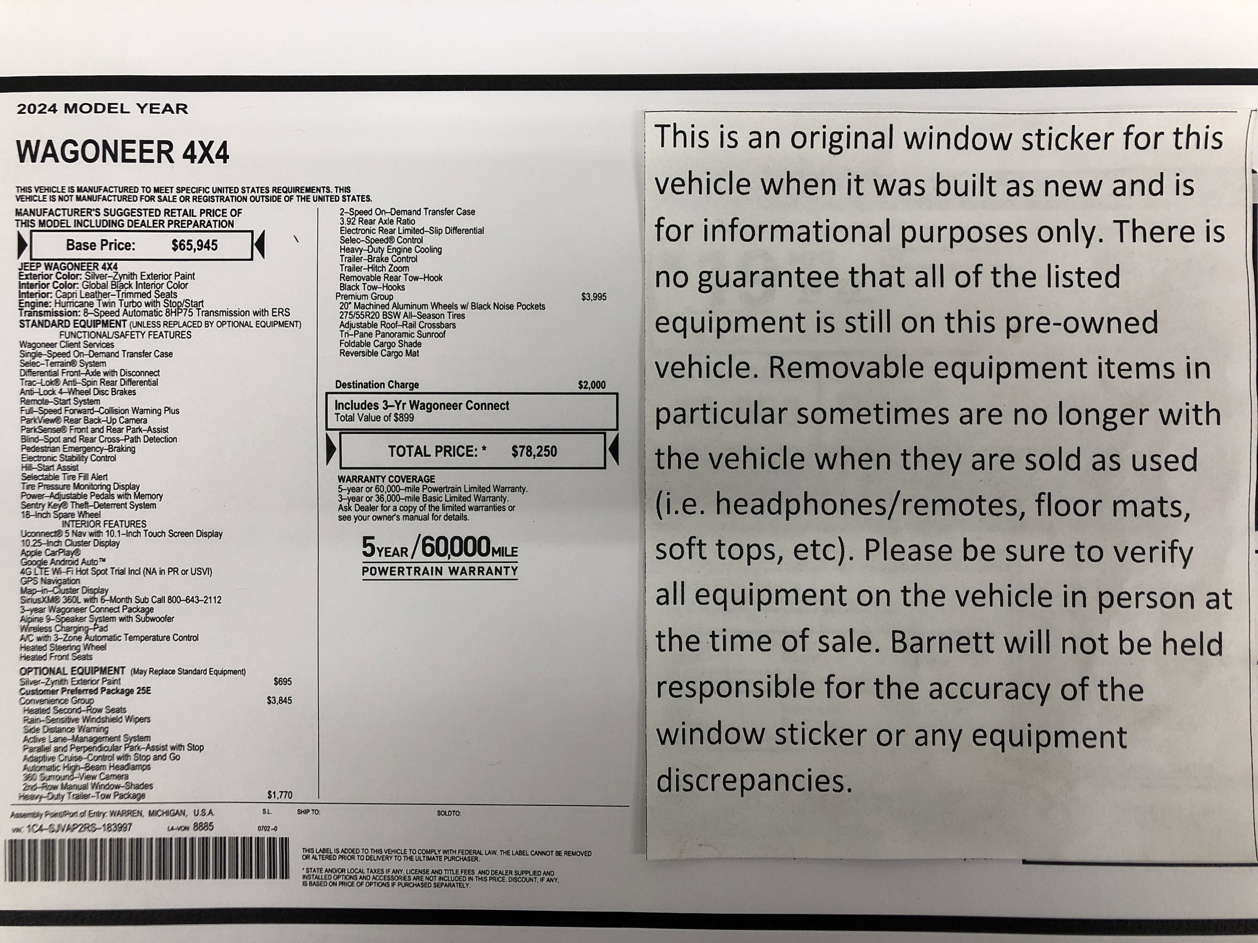 Certified 2024 Jeep Wagoneer Series I with VIN 1C4SJVAP2RS183997 for sale in White Bear Lake, Minnesota