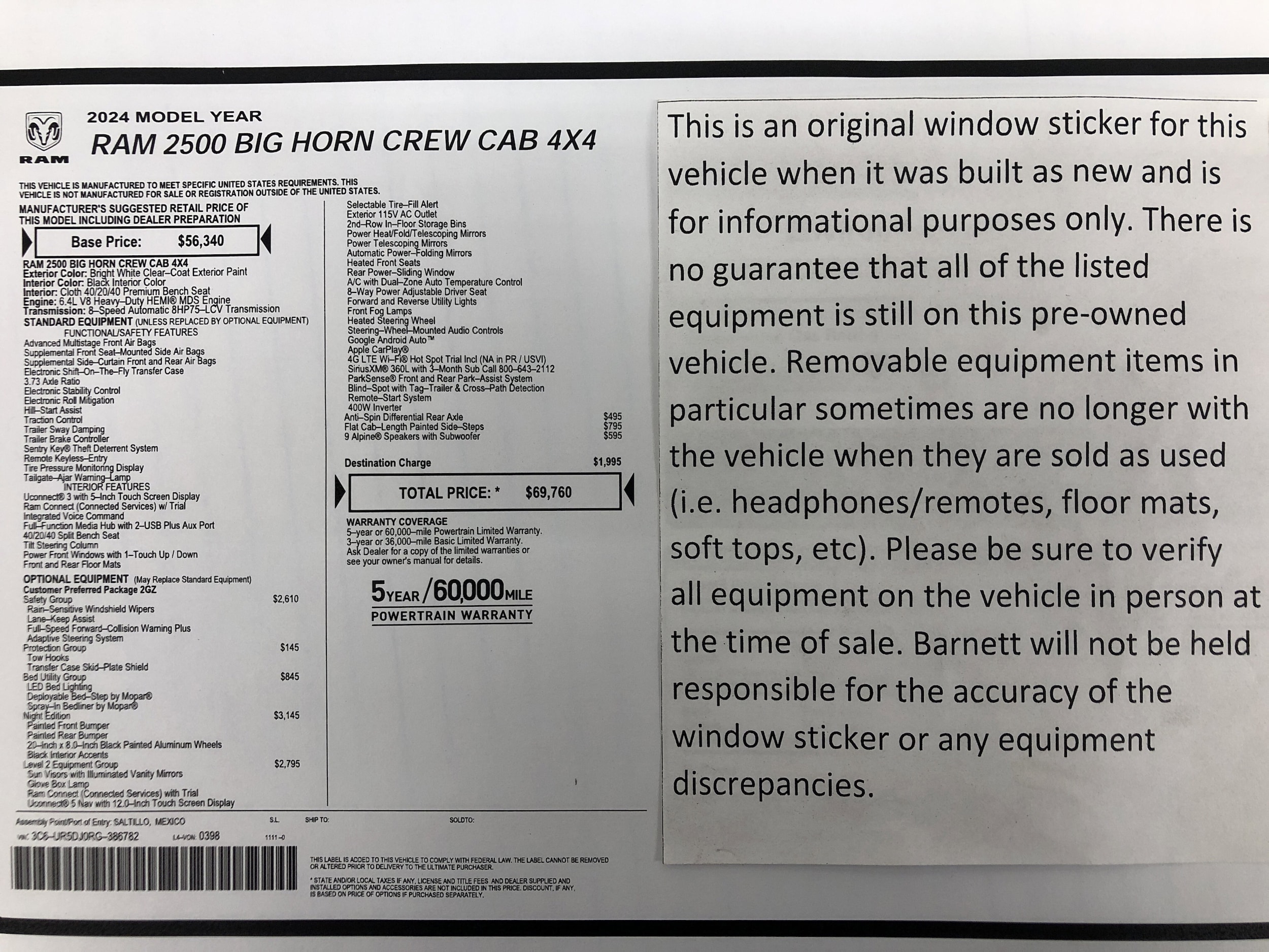 Used 2024 RAM Ram 2500 Pickup Big Horn with VIN 3C6UR5DJ0RG386782 for sale in White Bear Lake, Minnesota