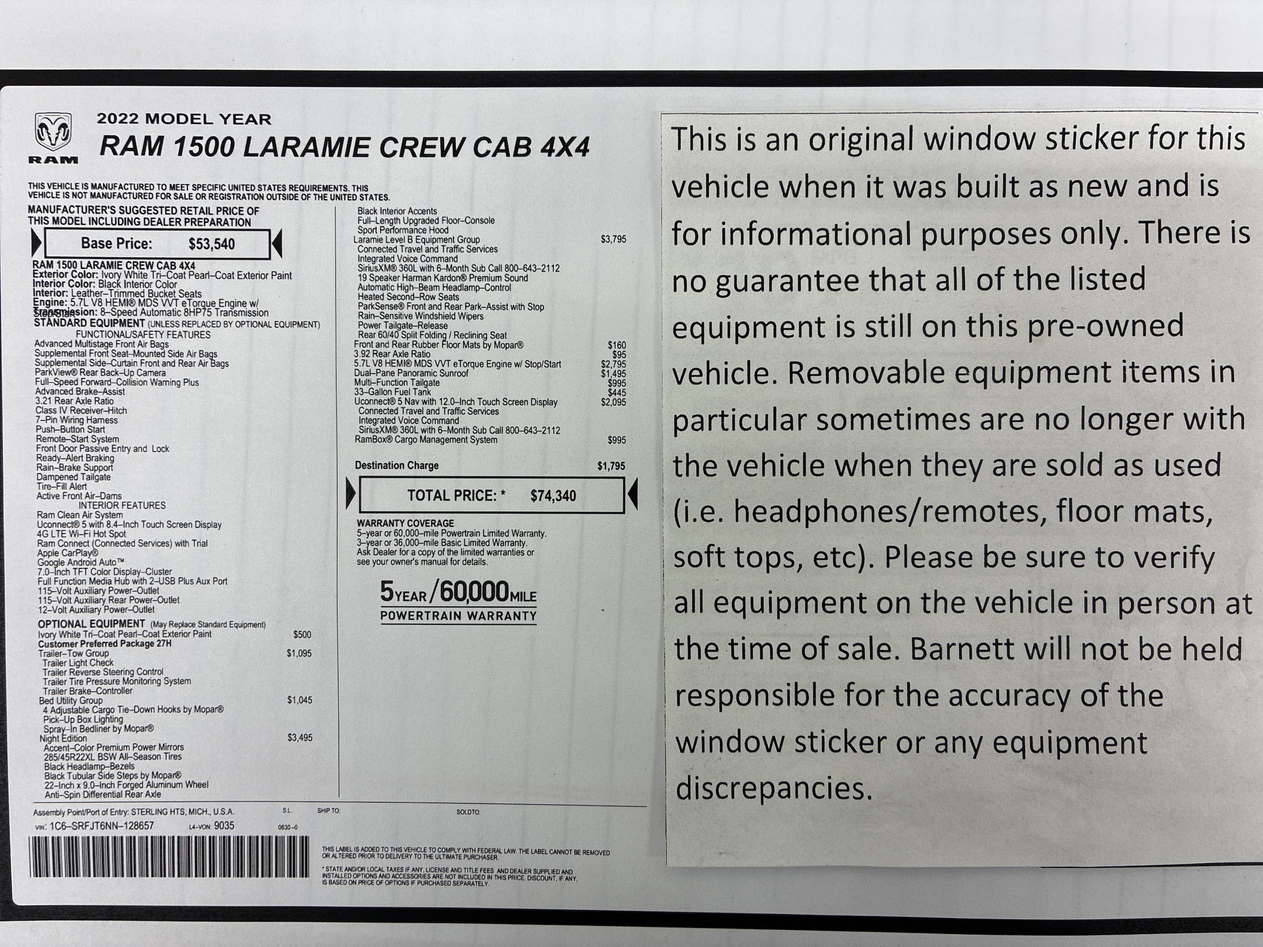 Certified 2022 RAM Ram 1500 Pickup Laramie with VIN 1C6SRFJT6NN128657 for sale in White Bear Lake, Minnesota