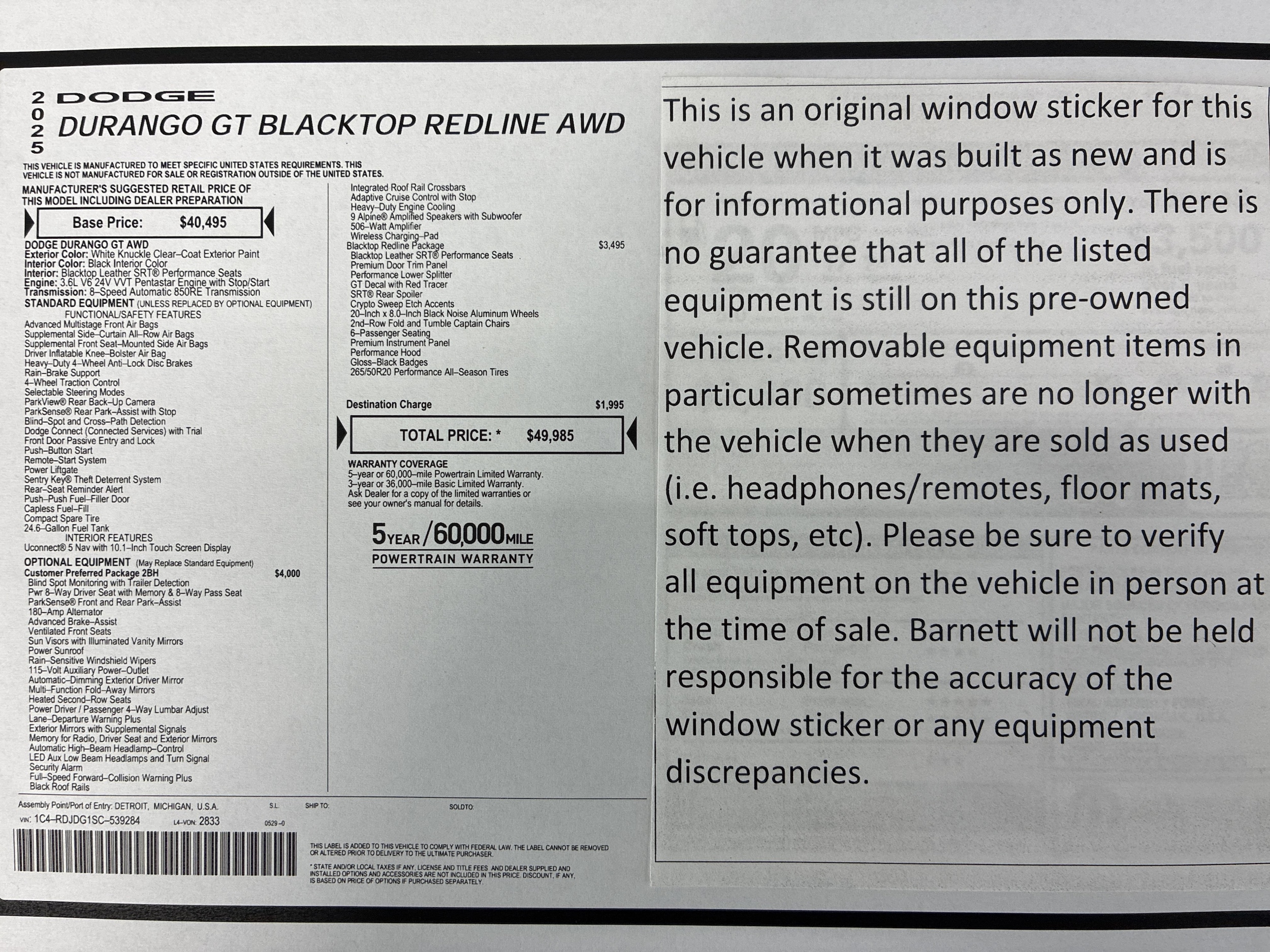 Certified 2025 Dodge Durango GT with VIN 1C4RDJDG1SC539284 for sale in White Bear Township, Minnesota
