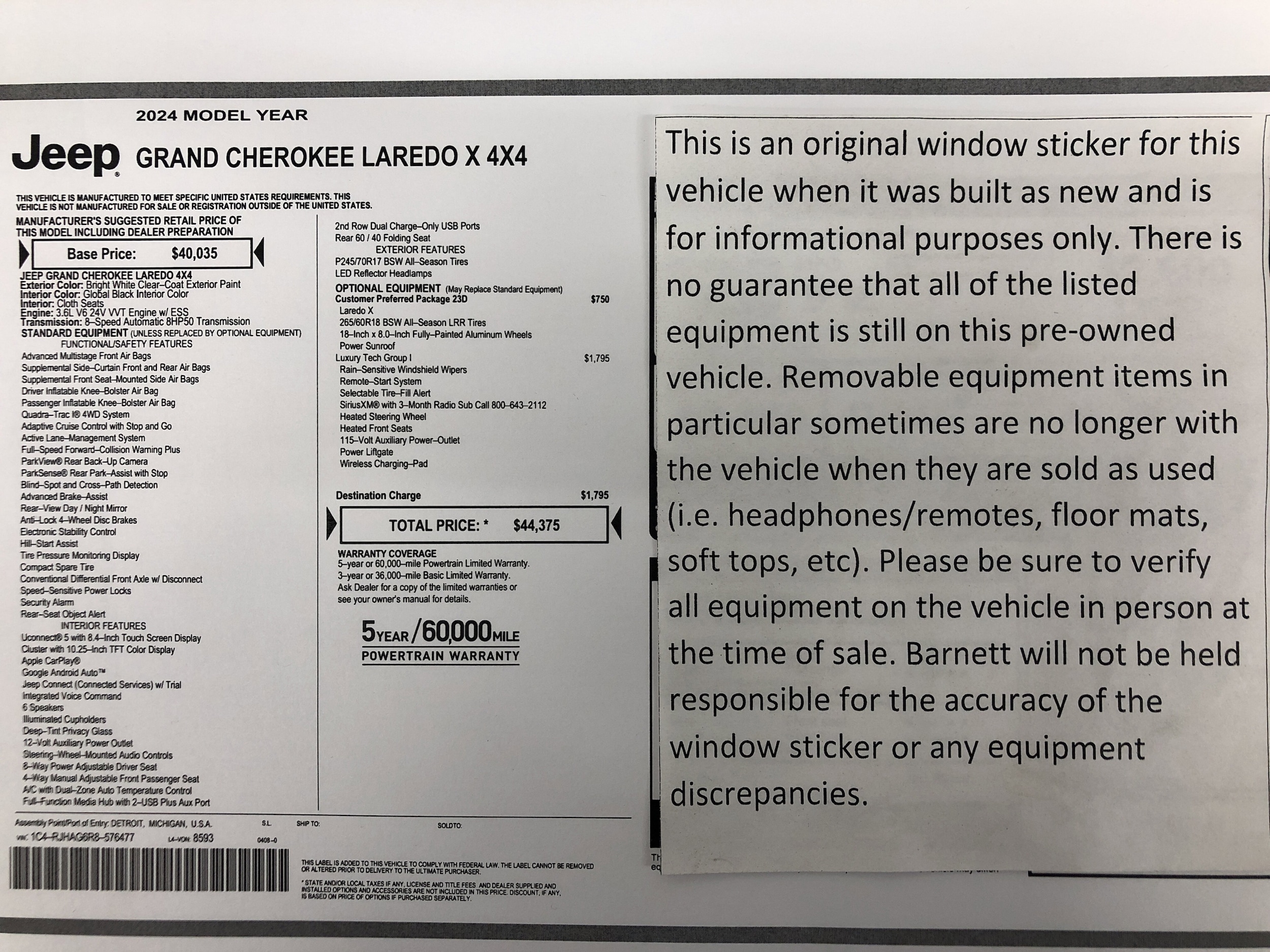 Certified 2024 Jeep Grand Cherokee Laredo with VIN 1C4RJHAG6R8576477 for sale in White Bear Lake, Minnesota