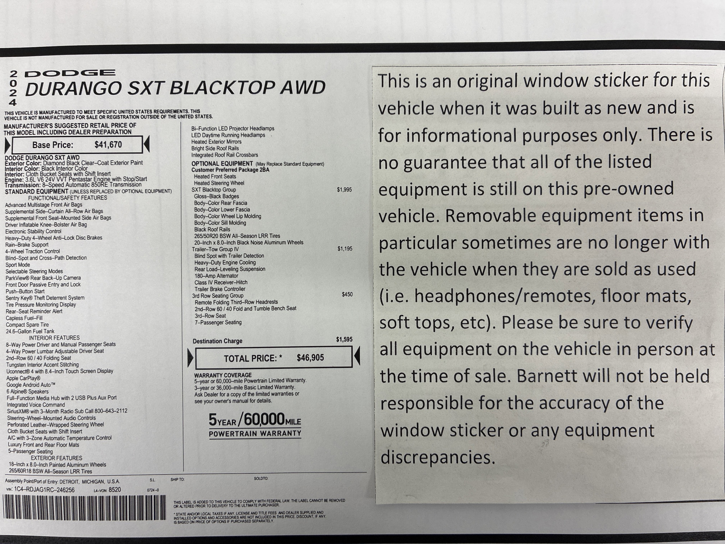Used 2024 Dodge Durango SXT with VIN 1C4RDJAG1RC246256 for sale in White Bear Lake, Minnesota