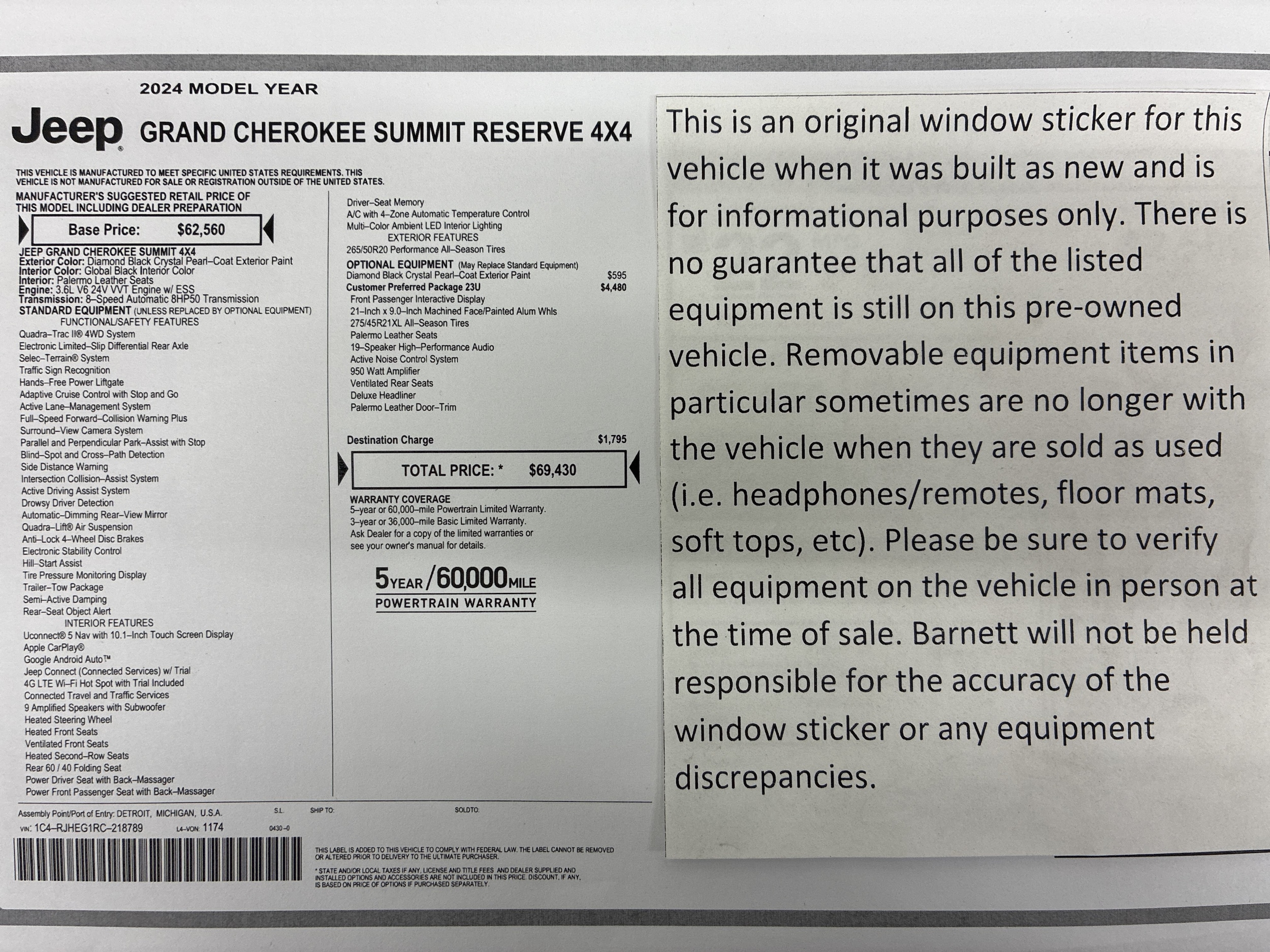 Certified 2024 Jeep Grand Cherokee Summit Reserve with VIN 1C4RJHEG1RC218789 for sale in White Bear Township, Minnesota