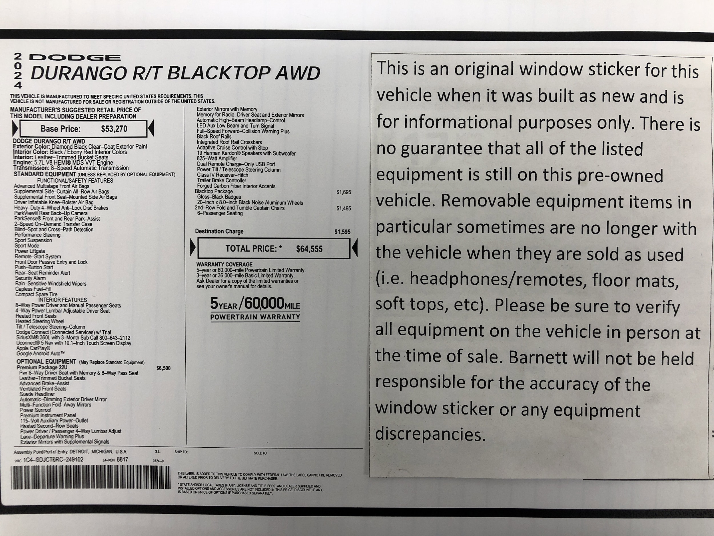 Certified 2024 Dodge Durango R/T with VIN 1C4SDJCT6RC249102 for sale in White Bear Lake, Minnesota