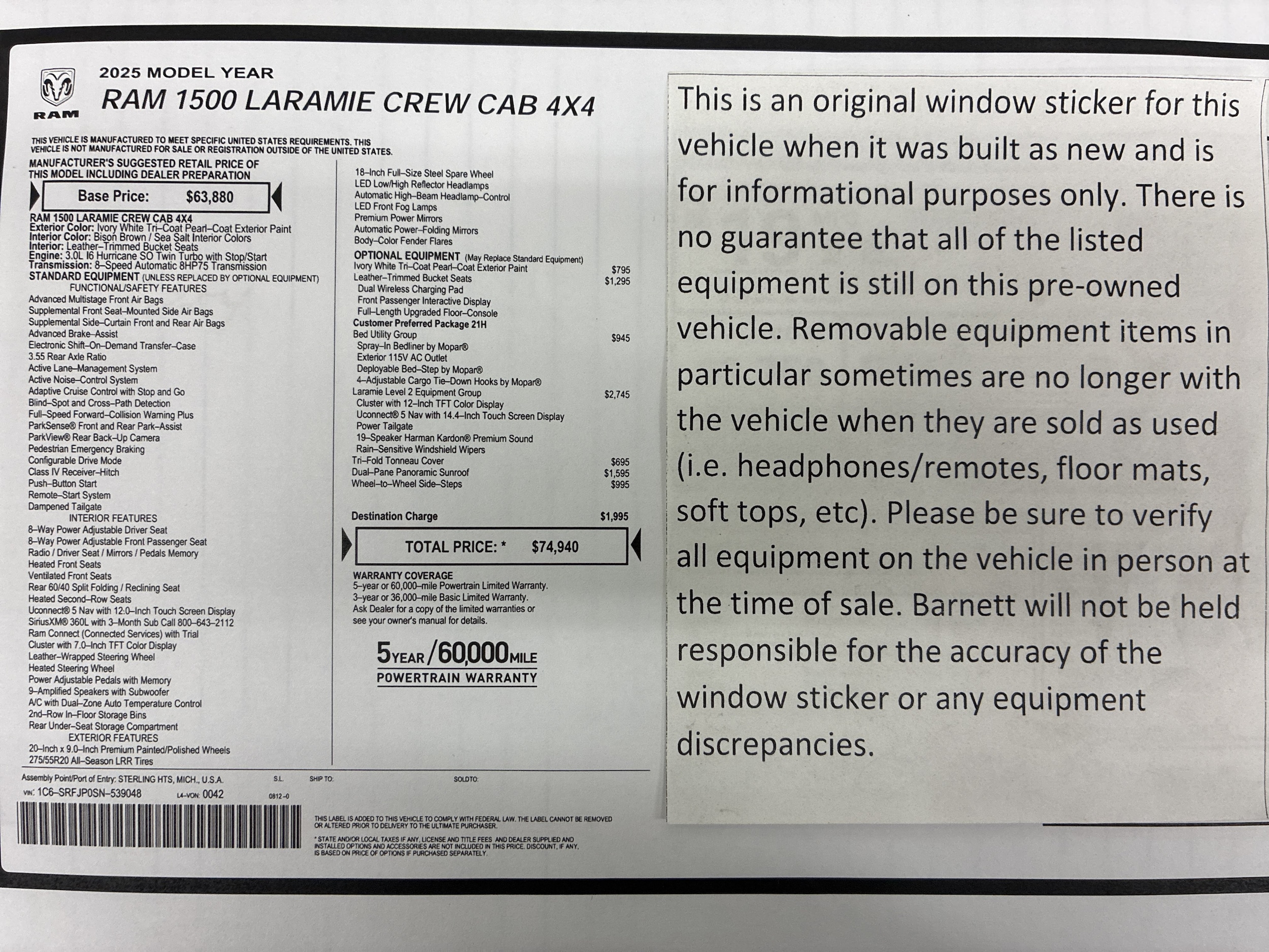 Certified 2025 RAM Ram 1500 Pickup Laramie with VIN 1C6SRFJP0SN539048 for sale in White Bear Township, Minnesota