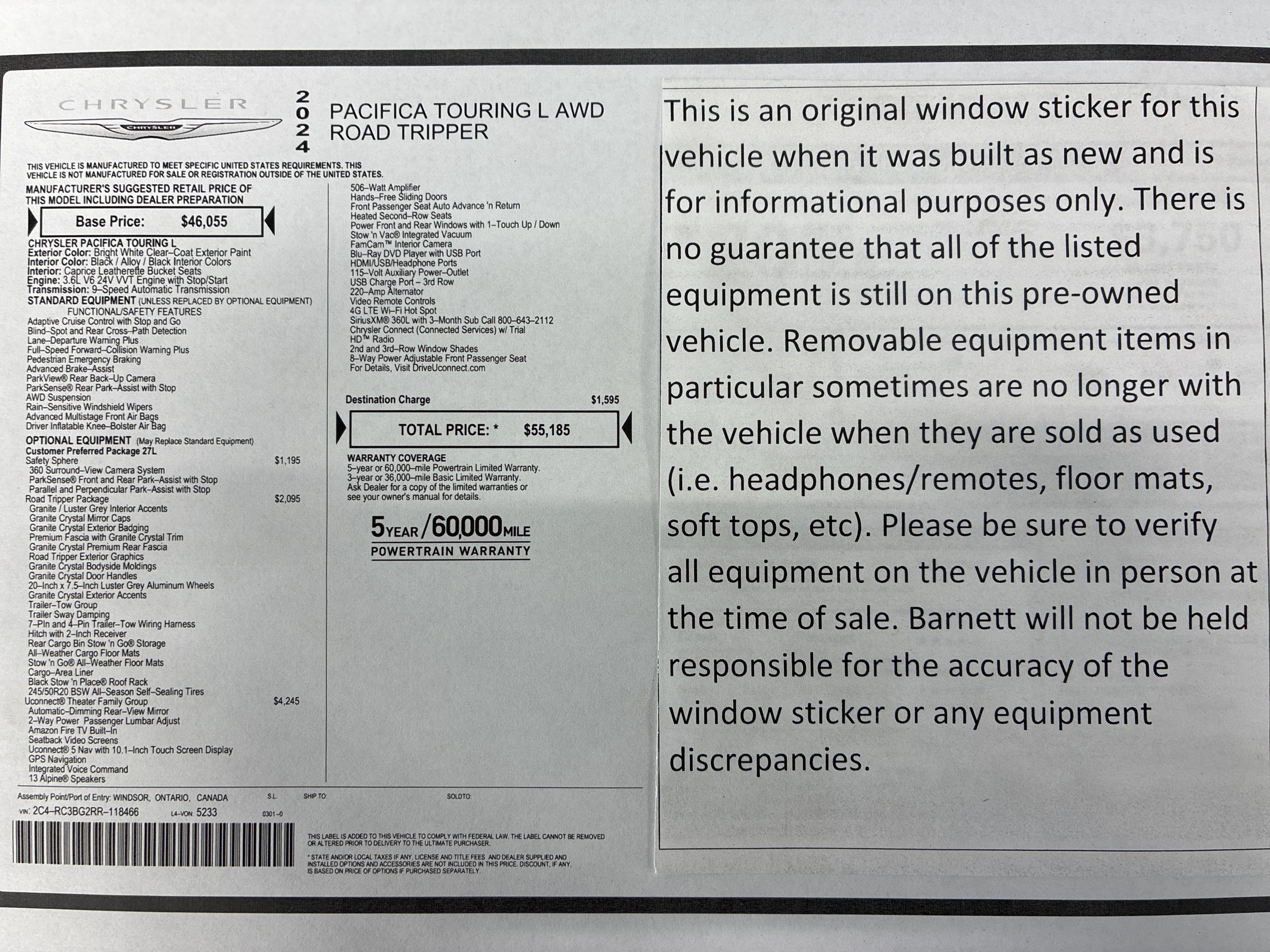 Certified 2024 Chrysler Pacifica Touring L with VIN 2C4RC3BG2RR118466 for sale in White Bear Lake, Minnesota