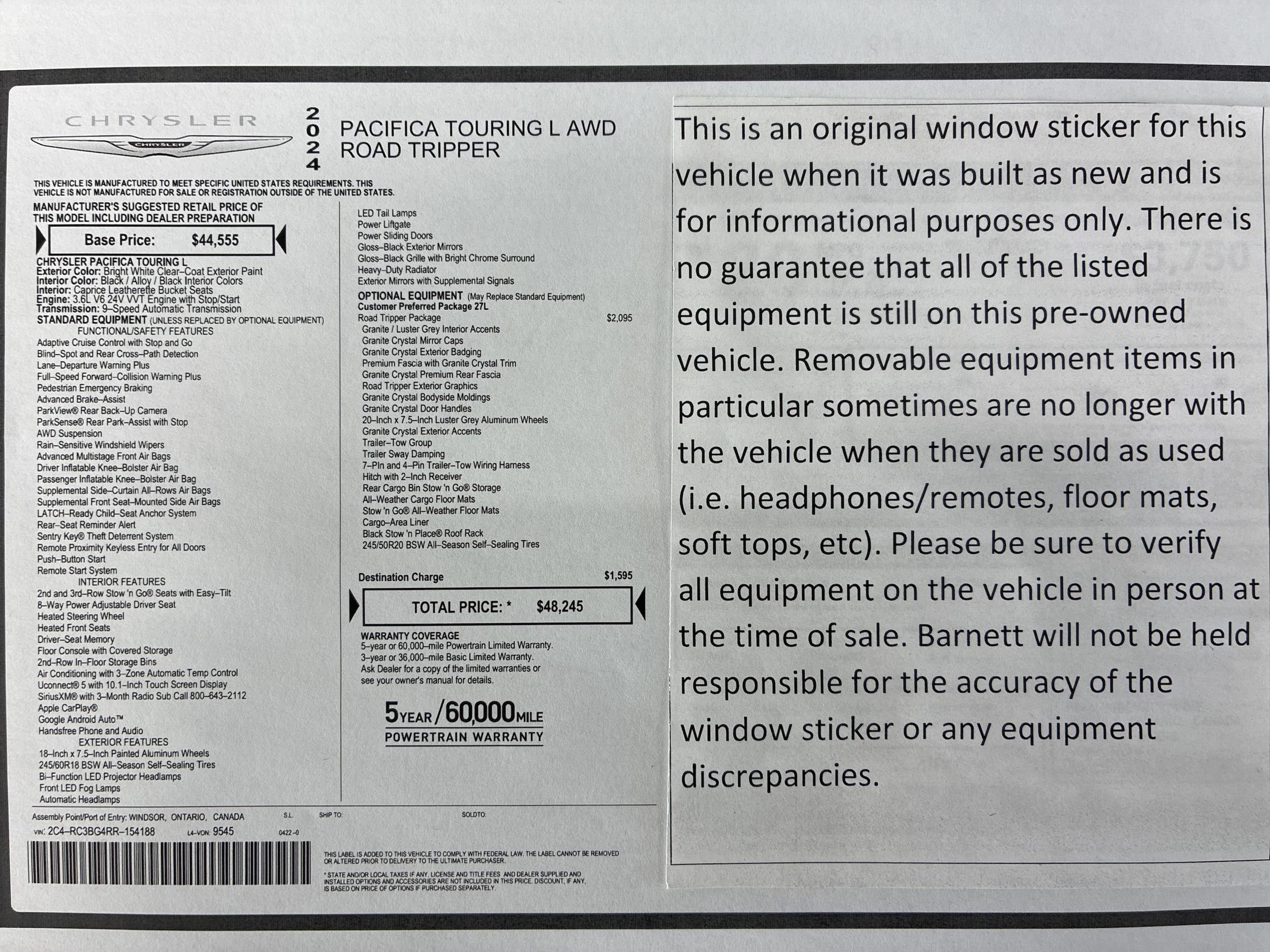 Certified 2024 Chrysler Pacifica Touring L with VIN 2C4RC3BG4RR154188 for sale in White Bear Lake, Minnesota