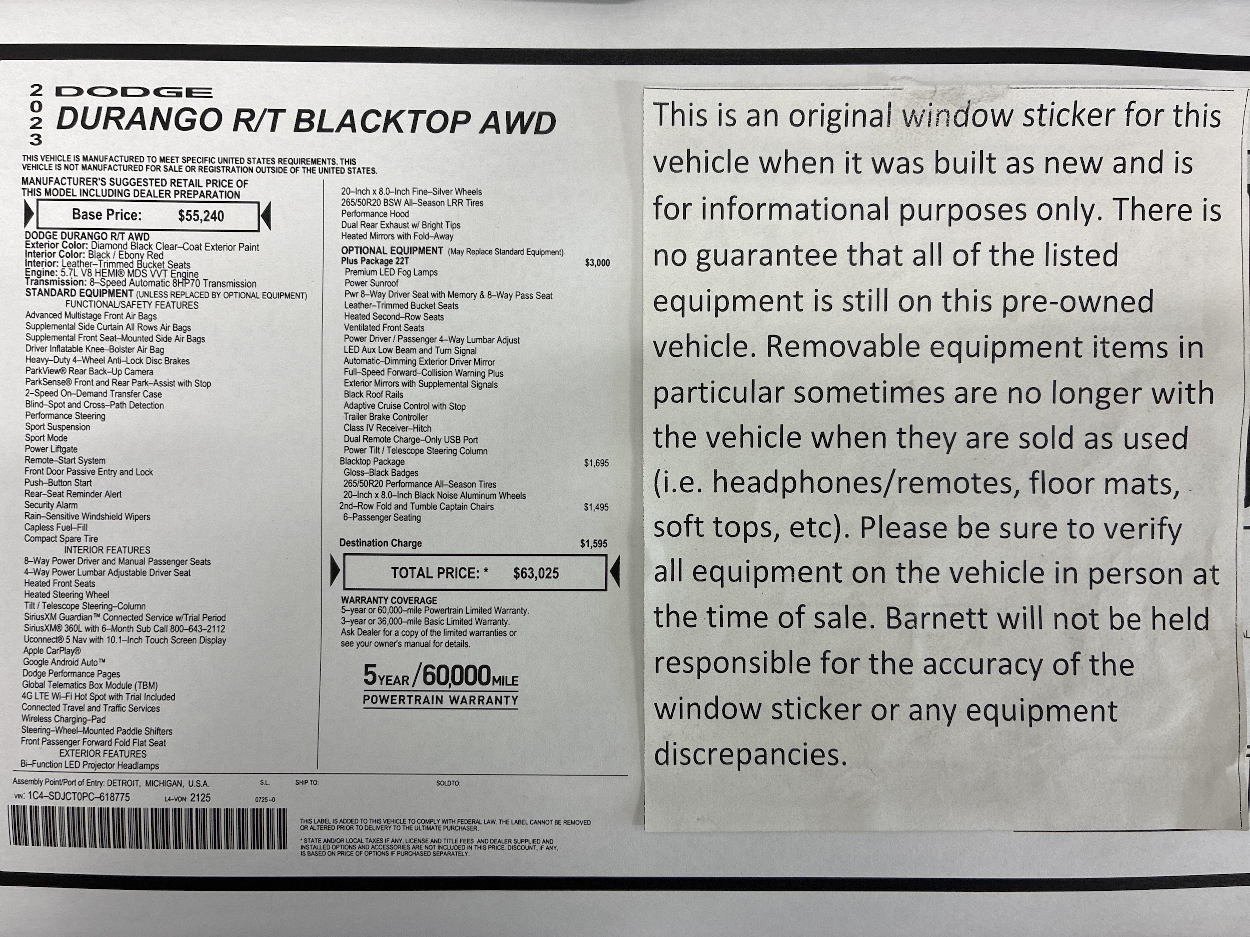 Certified 2023 Dodge Durango R/T with VIN 1C4SDJCT0PC618775 for sale in White Bear Lake, Minnesota