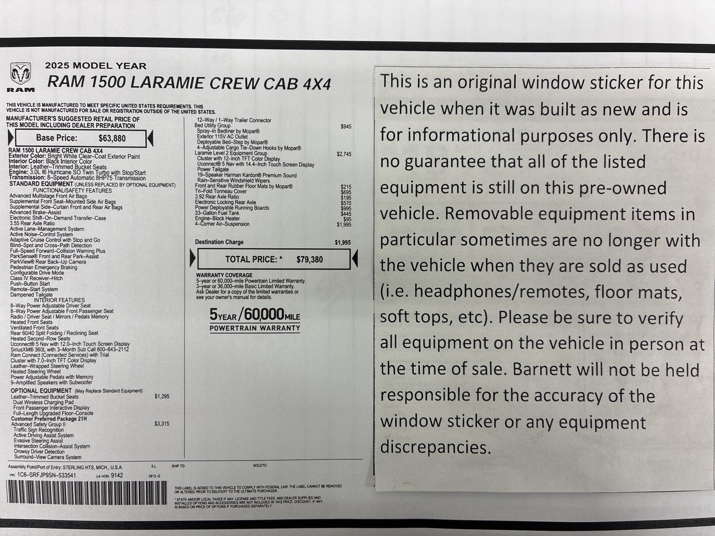 Certified 2025 RAM Ram 1500 Pickup Laramie with VIN 1C6SRFJP9SN533541 for sale in White Bear Township, Minnesota