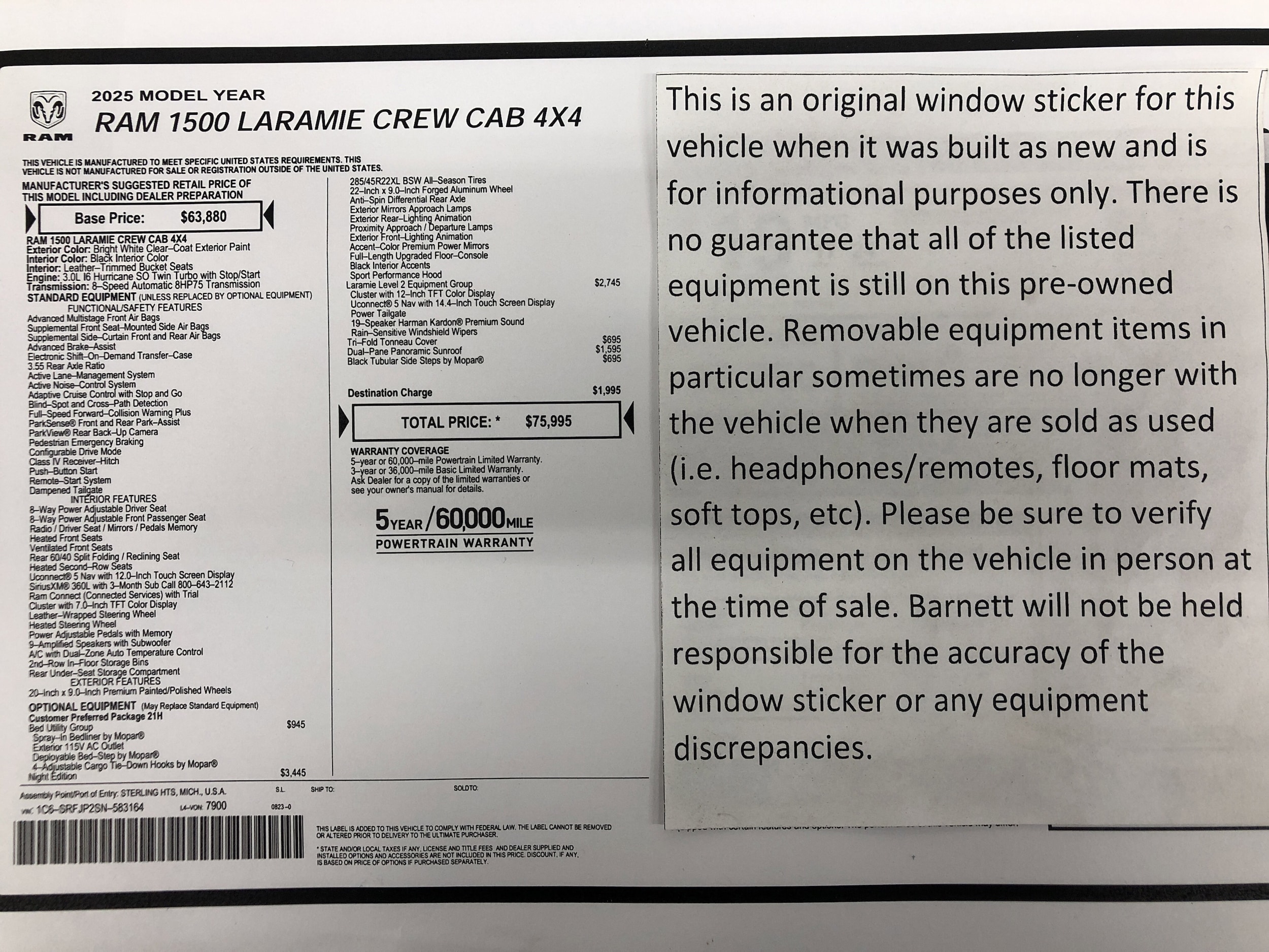 Certified 2025 RAM Ram 1500 Pickup Laramie with VIN 1C6SRFJP2SN583164 for sale in White Bear Lake, Minnesota