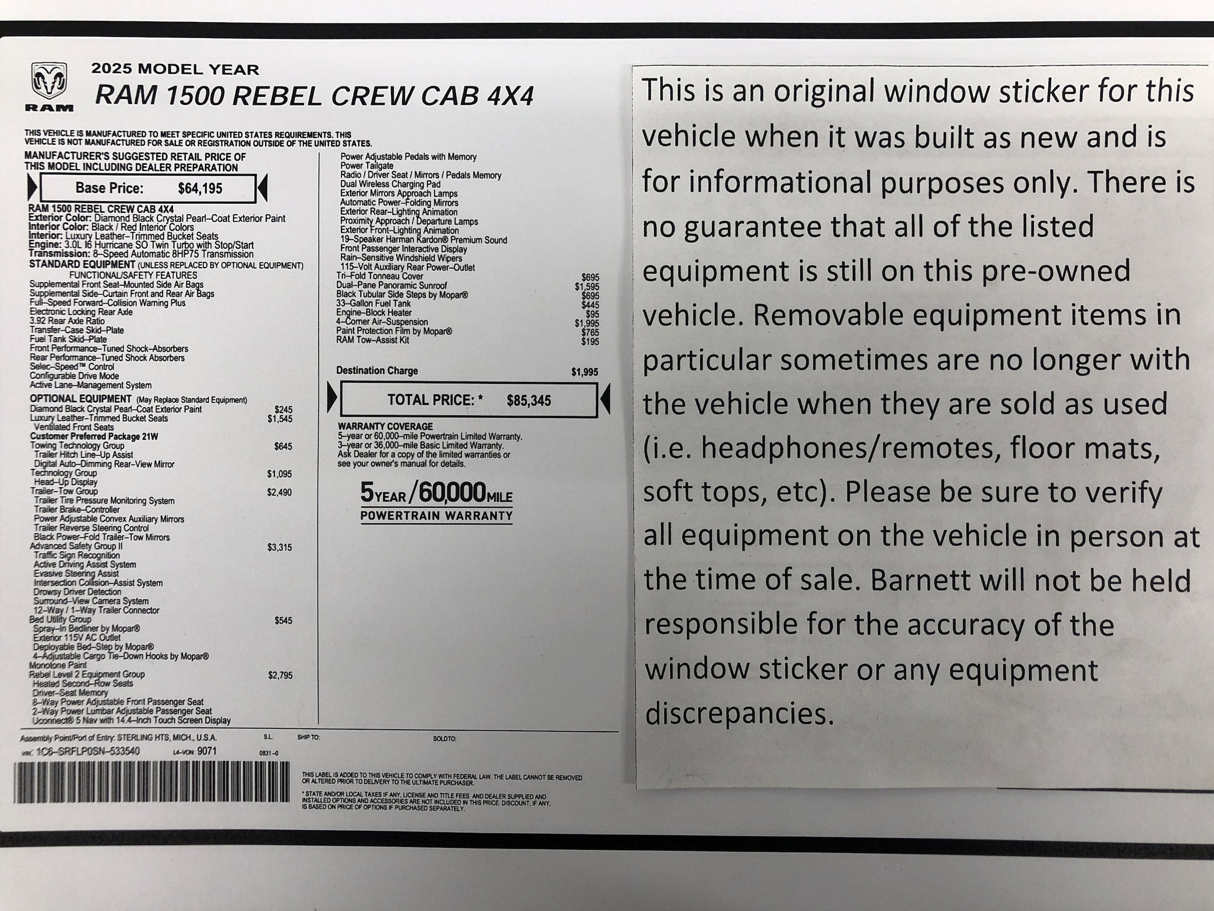 Certified 2025 RAM Ram 1500 Pickup Rebel with VIN 1C6SRFLP0SN533540 for sale in White Bear Lake, Minnesota
