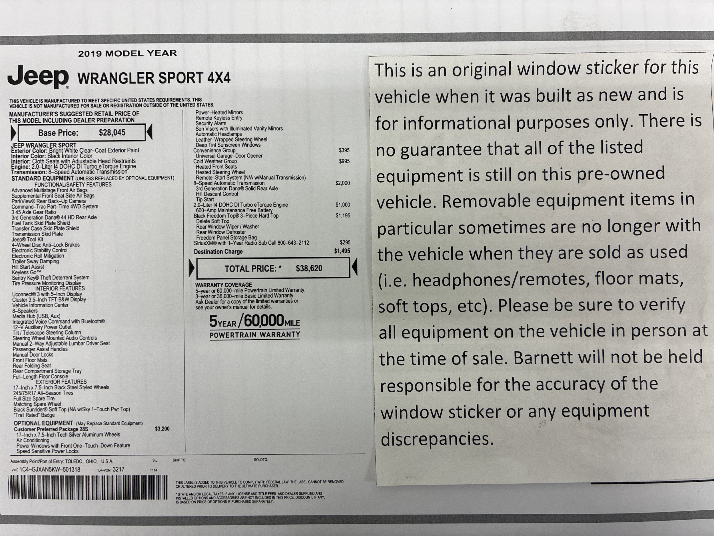 Used 2019 Jeep Wrangler Sport S with VIN 1C4GJXAN5KW501318 for sale in White Bear Lake, Minnesota