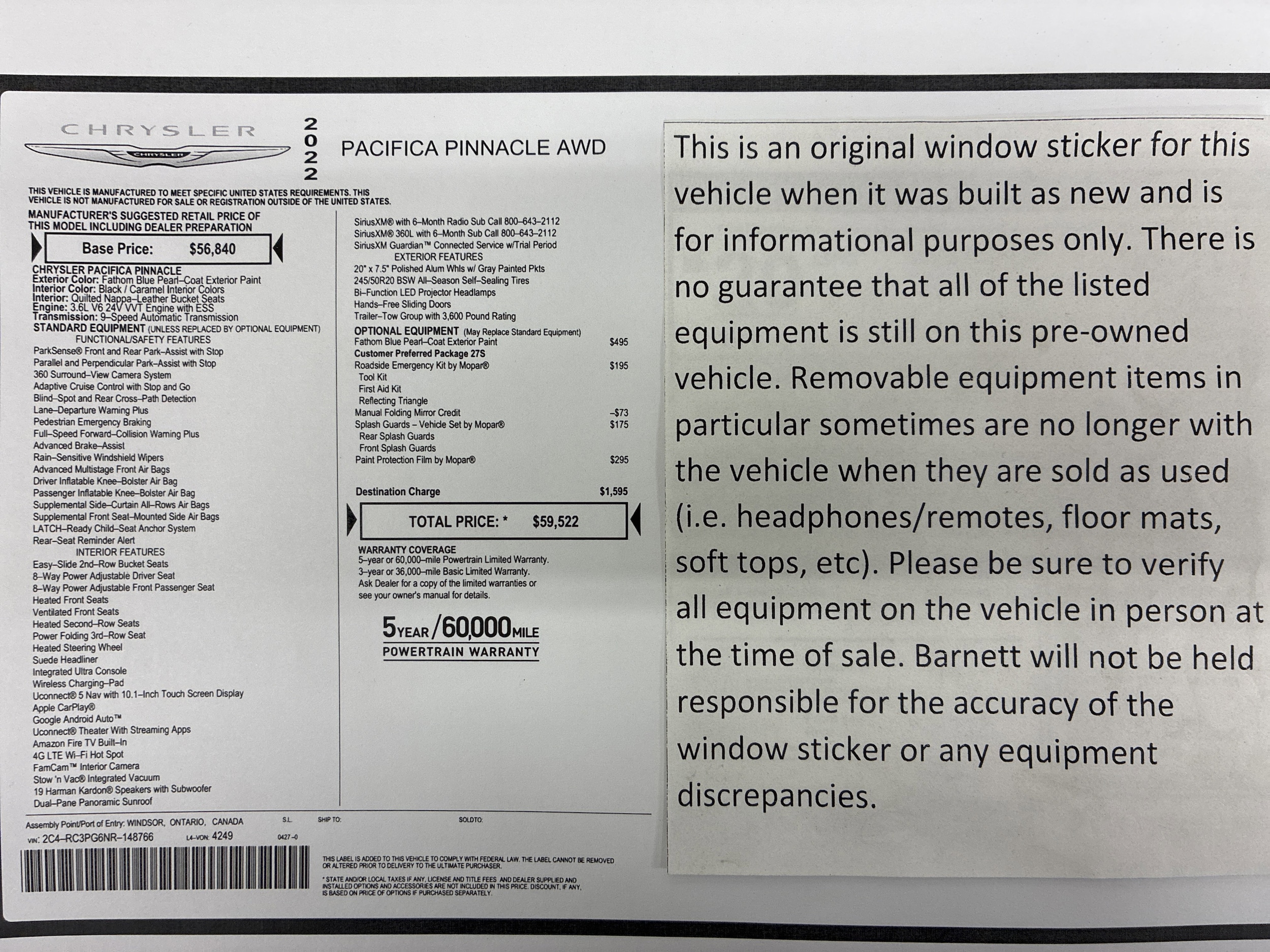 Certified 2022 Chrysler Pacifica Pinnacle with VIN 2C4RC3PG6NR148766 for sale in White Bear Lake, Minnesota