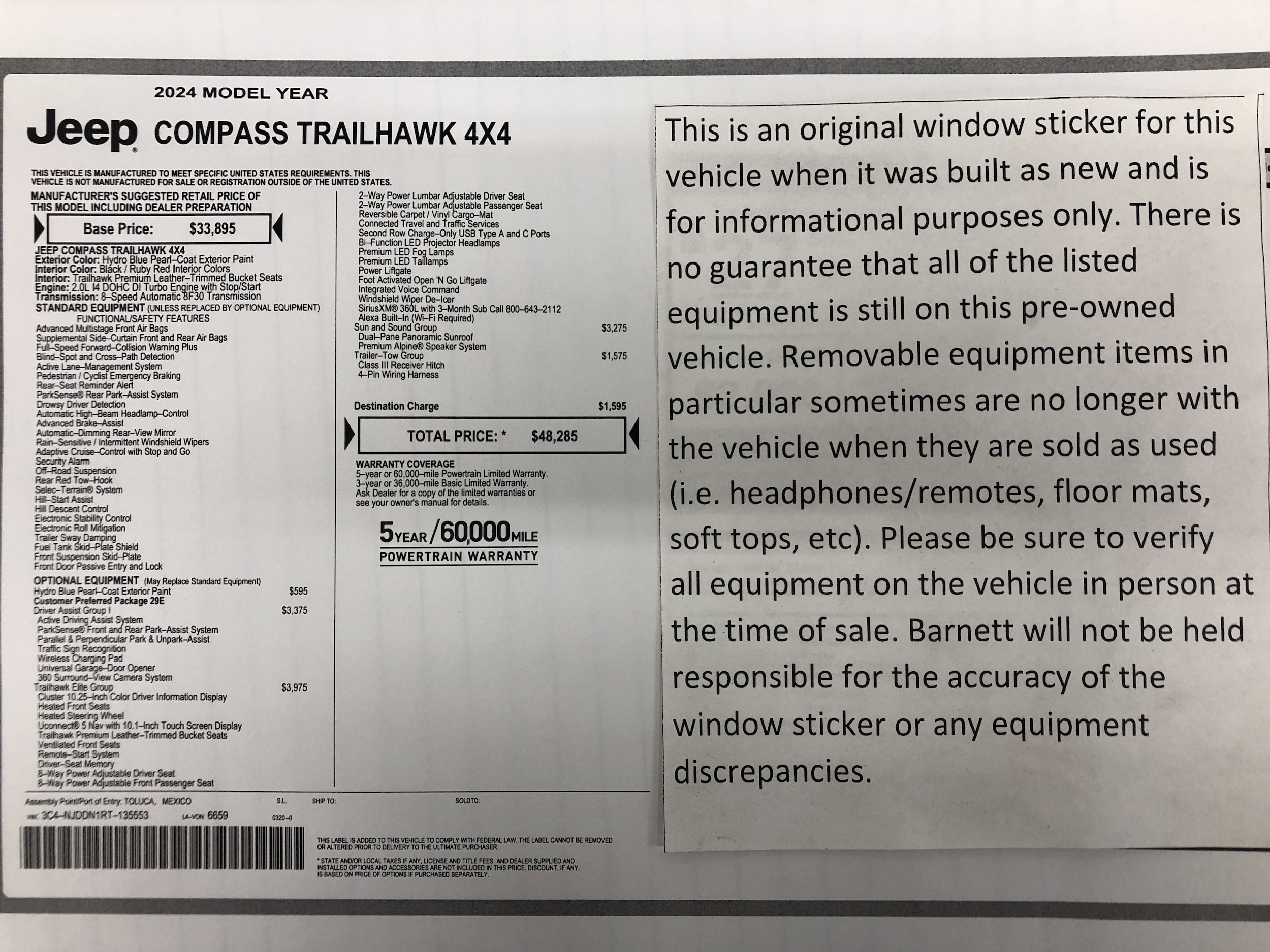 Used 2024 Jeep Compass Trailhawk with VIN 3C4NJDDN1RT135553 for sale in White Bear Lake, Minnesota