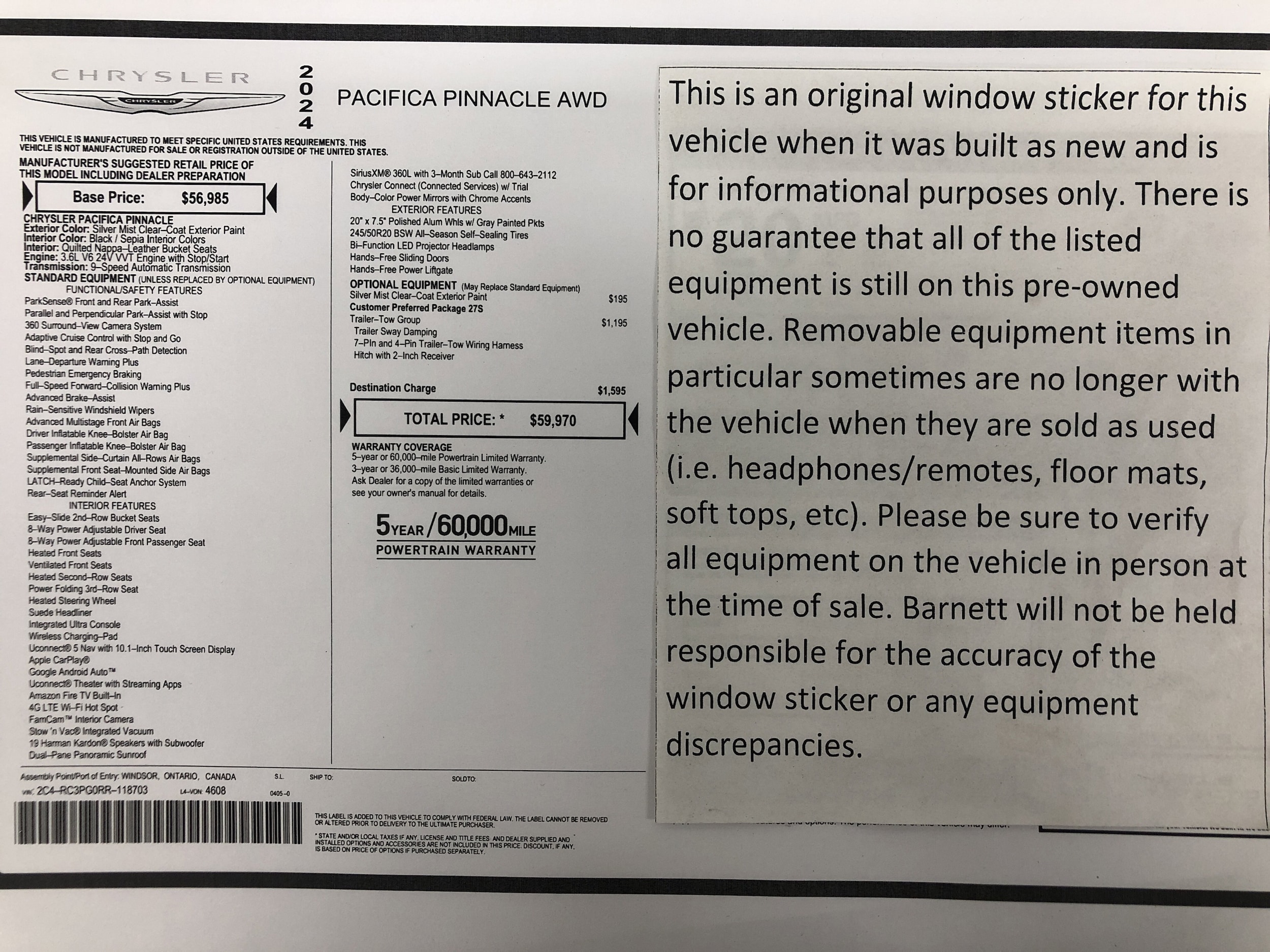 Used 2024 Chrysler Pacifica Pinnacle with VIN 2C4RC3PG0RR118703 for sale in White Bear Lake, Minnesota