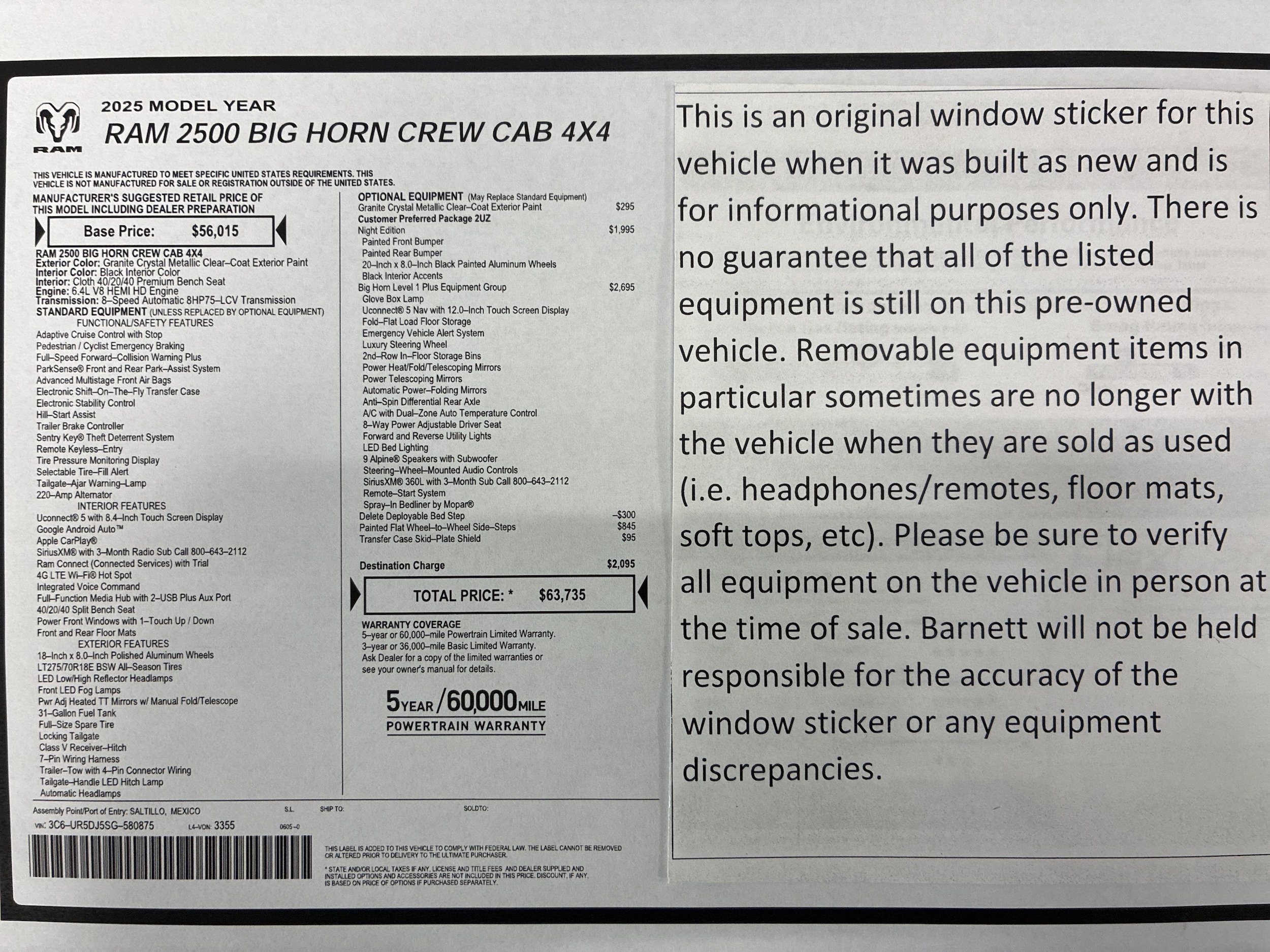 Certified 2025 RAM Ram 2500 Pickup Big Horn with VIN 3C6UR5DJ5SG580875 for sale in White Bear Township, Minnesota