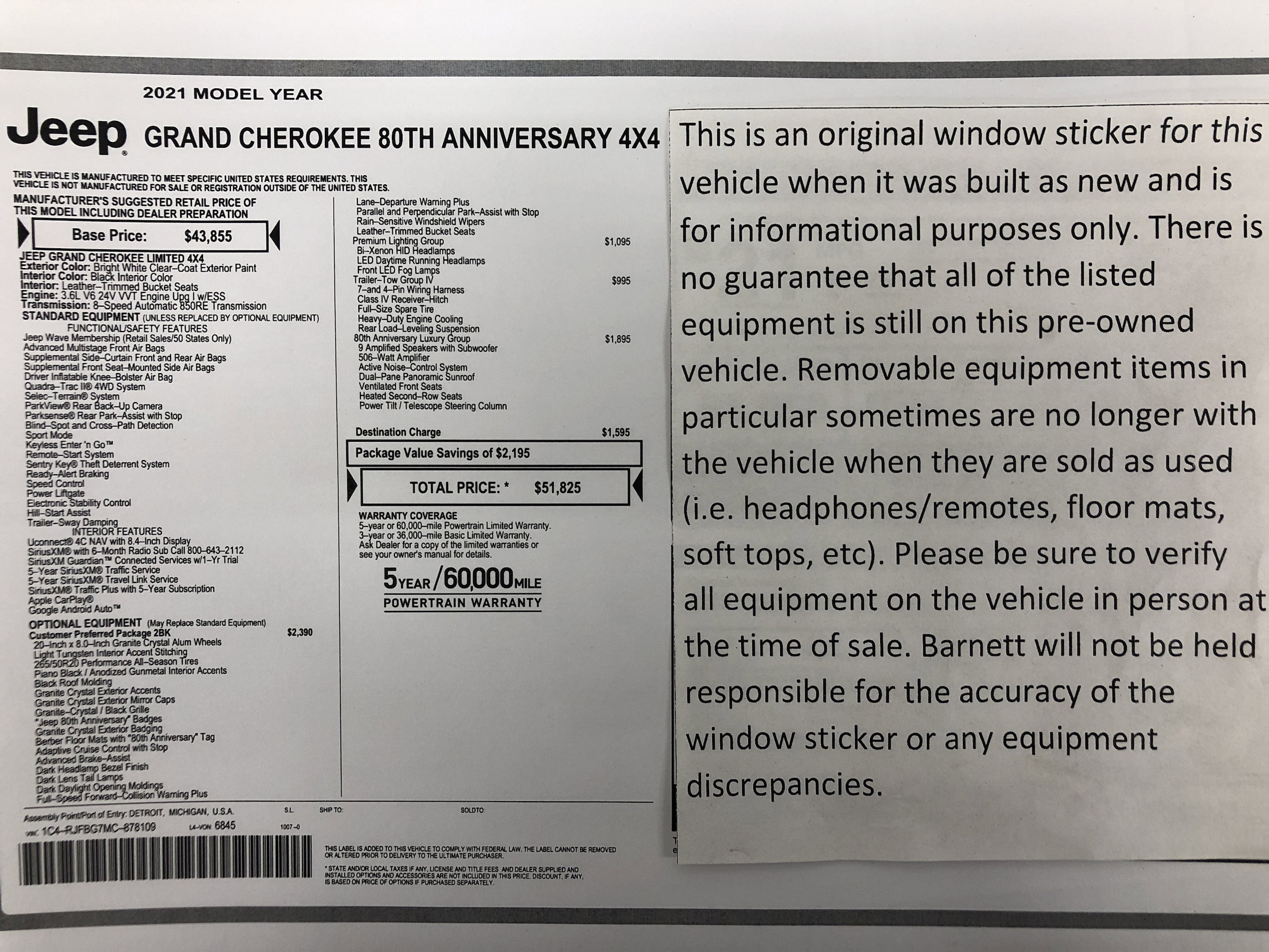 Certified 2021 Jeep Grand Cherokee 80th Edition with VIN 1C4RJFBG7MC878109 for sale in White Bear Lake, Minnesota