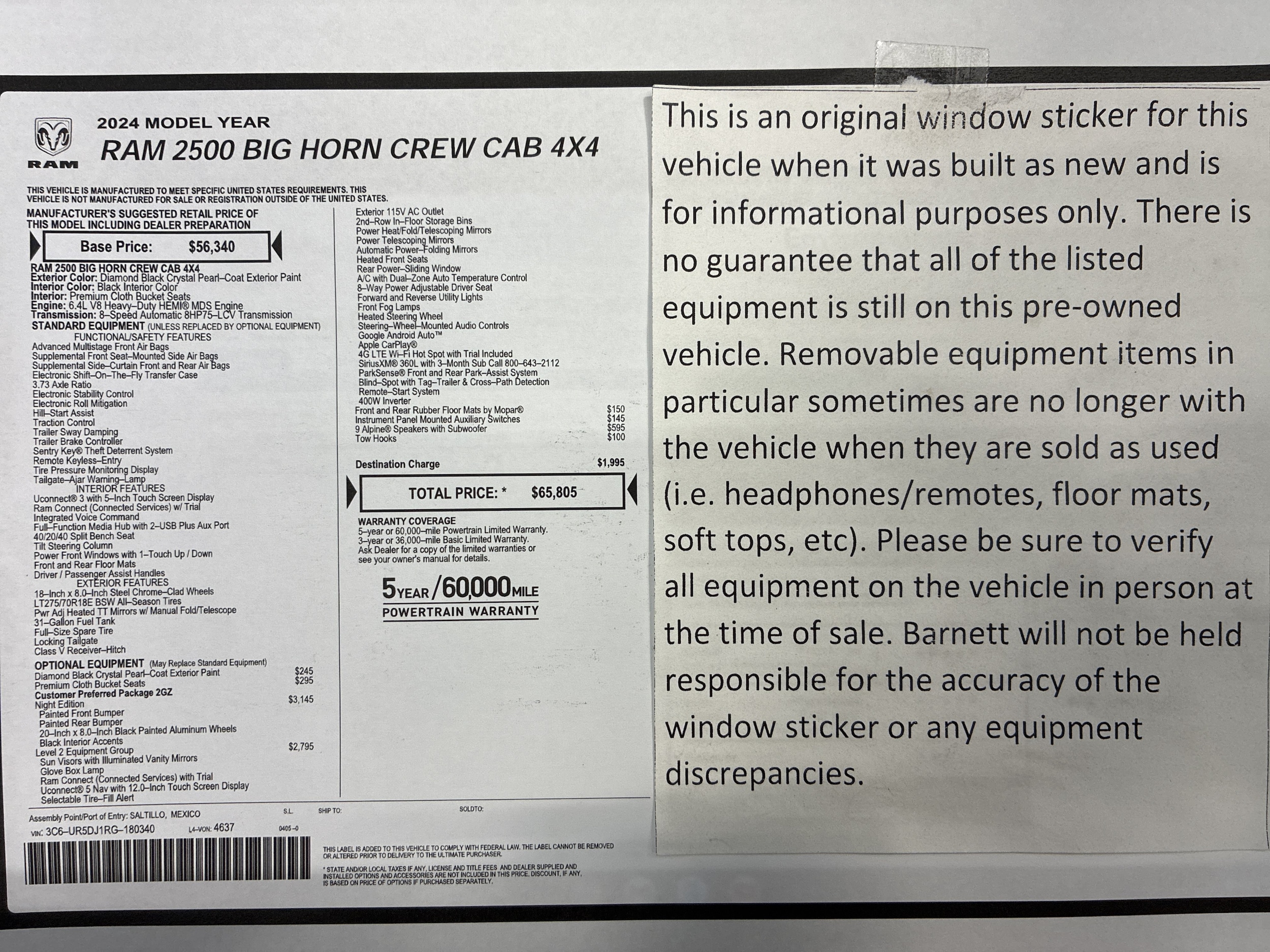 Certified 2024 RAM Ram 2500 Pickup Big Horn with VIN 3C6UR5DJ1RG180340 for sale in Saint Paul, Minnesota
