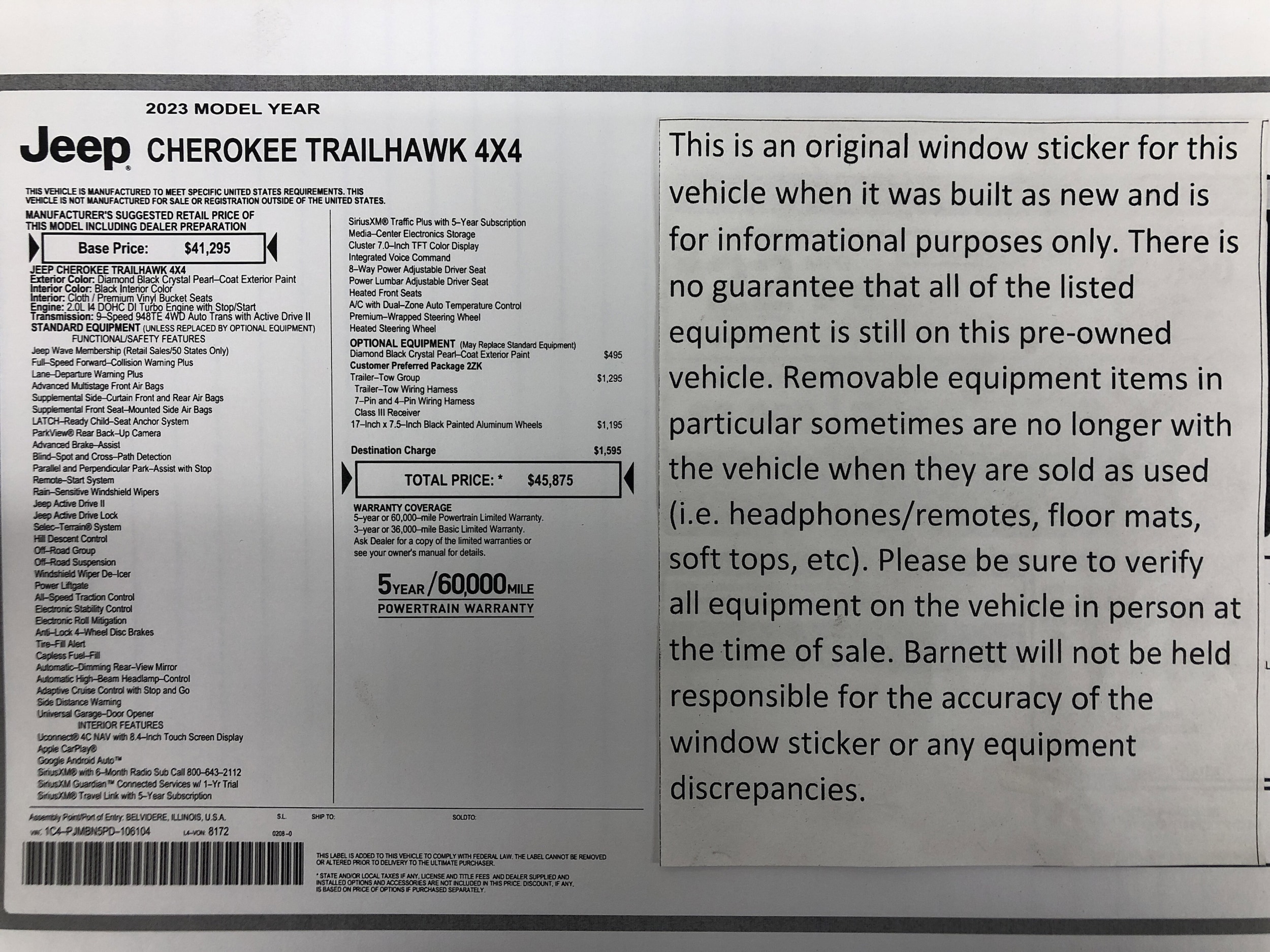 Used 2023 Jeep Cherokee Trailhawk with VIN 1C4PJMBN5PD106104 for sale in White Bear Lake, Minnesota