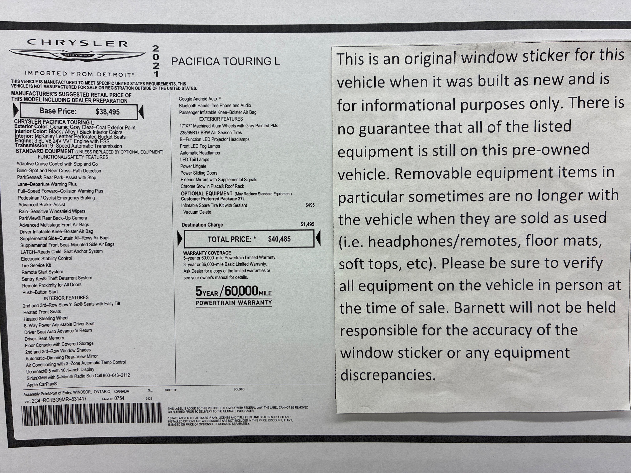 Used 2021 Chrysler Pacifica Touring L with VIN 2C4RC1BG9MR531417 for sale in White Bear Lake, Minnesota