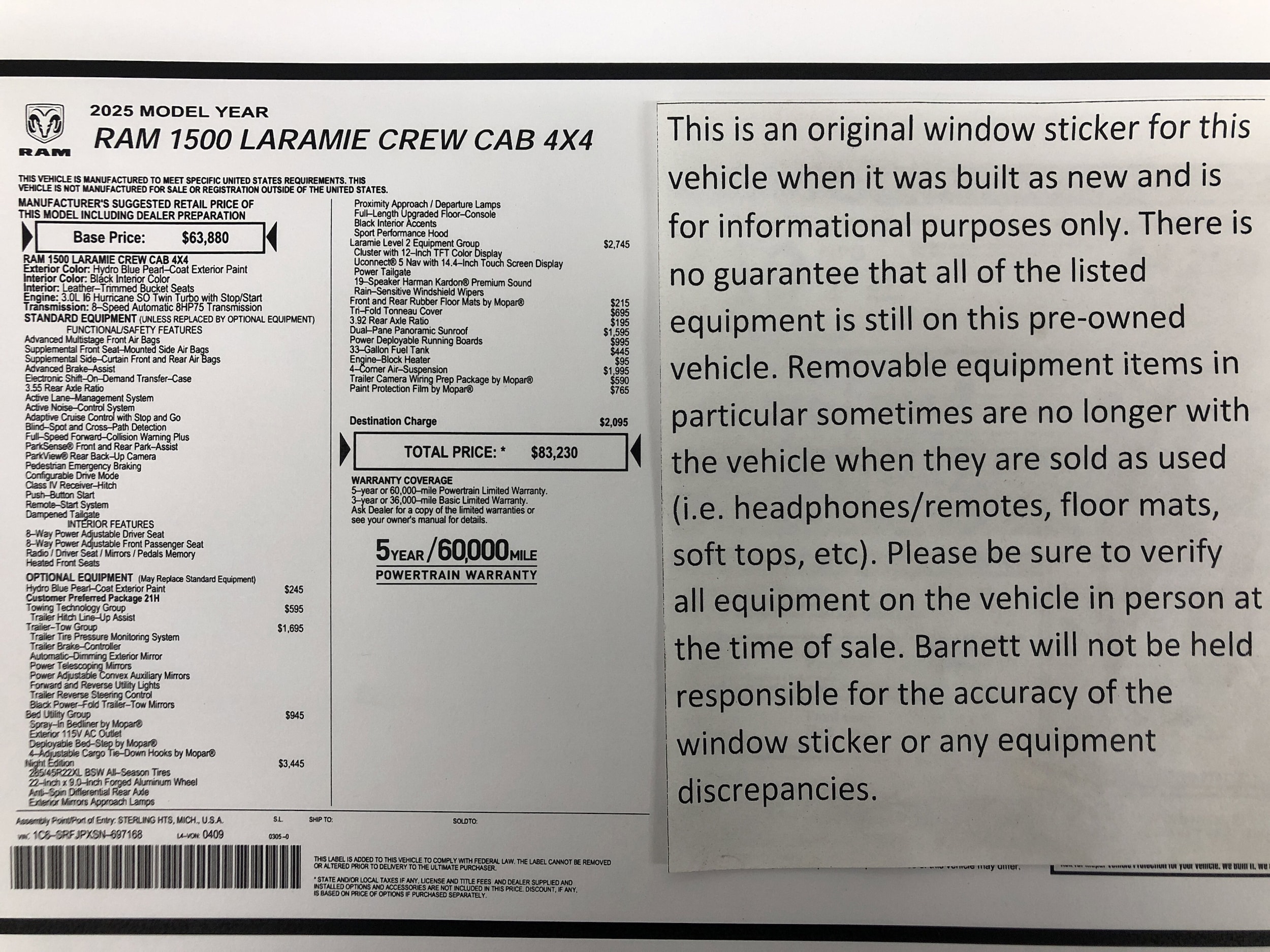 Certified 2025 RAM Ram 1500 Pickup Laramie with VIN 1C6SRFJPXSN697168 for sale in White Bear Lake, Minnesota