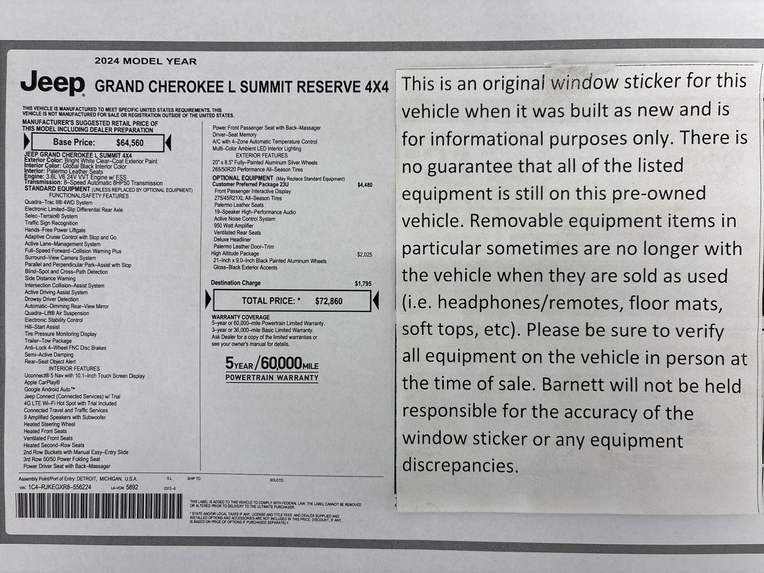 Certified 2024 Jeep Grand Cherokee L Summit Reserve with VIN 1C4RJKEGXR8556224 for sale in Saint Paul, Minnesota