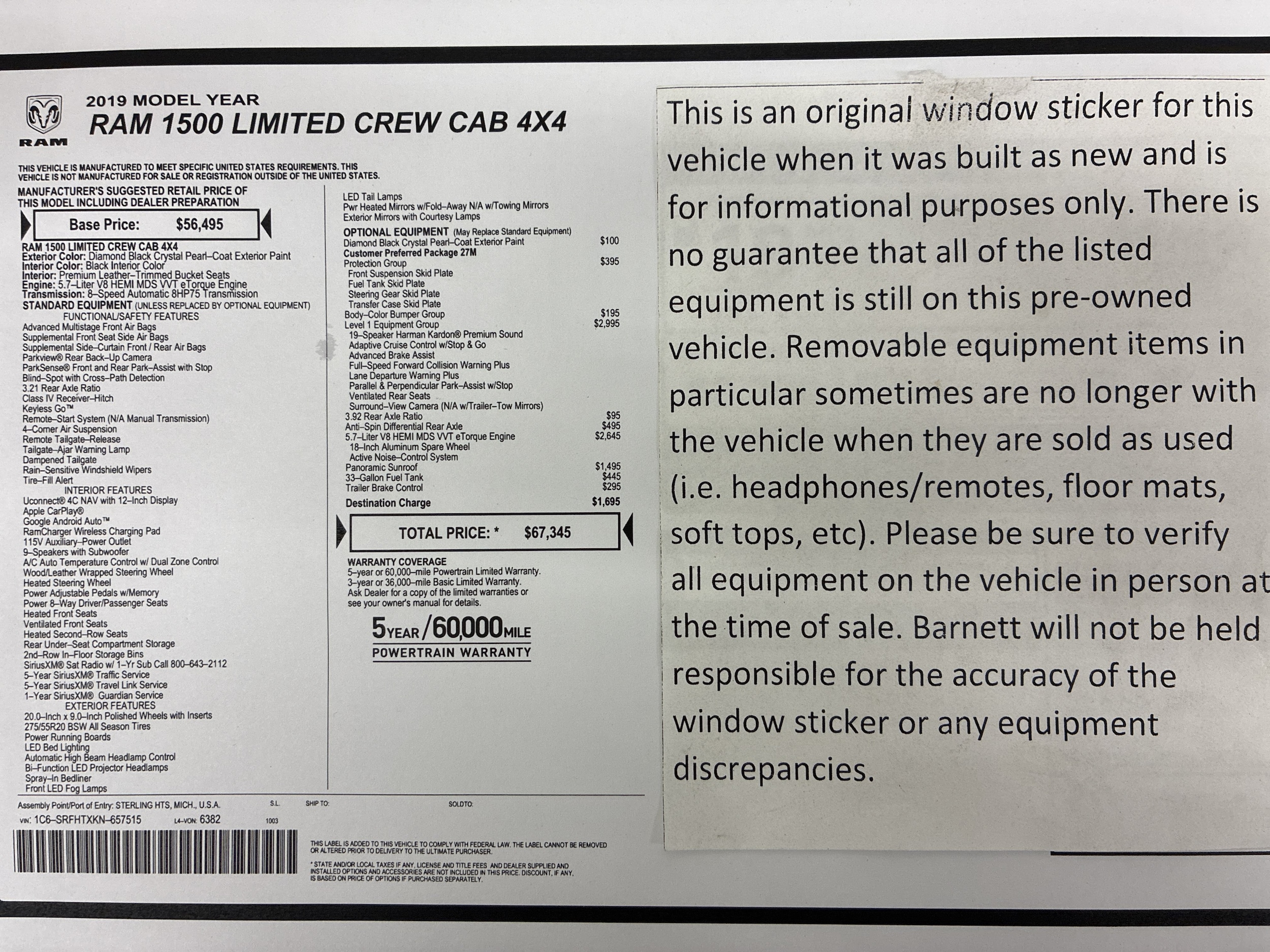 Used 2019 RAM Ram 1500 Pickup Limited with VIN 1C6SRFHTXKN657515 for sale in Saint Paul, Minnesota