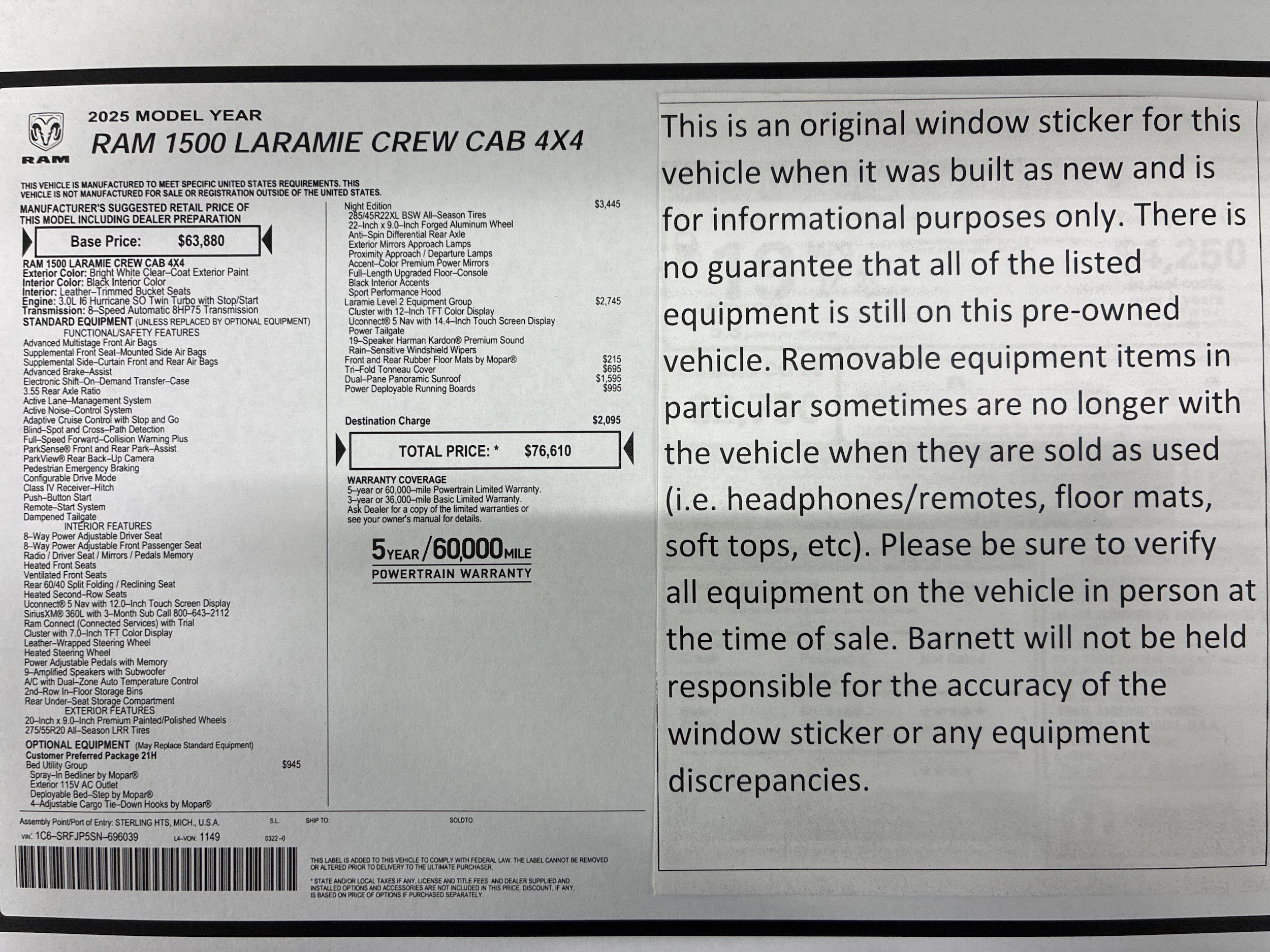 Used 2025 RAM Ram 1500 Pickup Laramie with VIN 1C6SRFJP5SN696039 for sale in White Bear Township, Minnesota