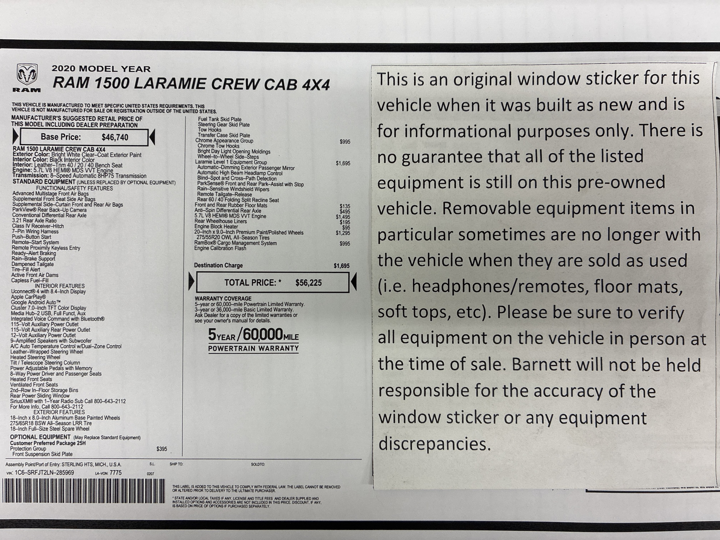 Used 2020 RAM Ram 1500 Pickup Laramie with VIN 1C6SRFJT2LN285969 for sale in White Bear Township, Minnesota