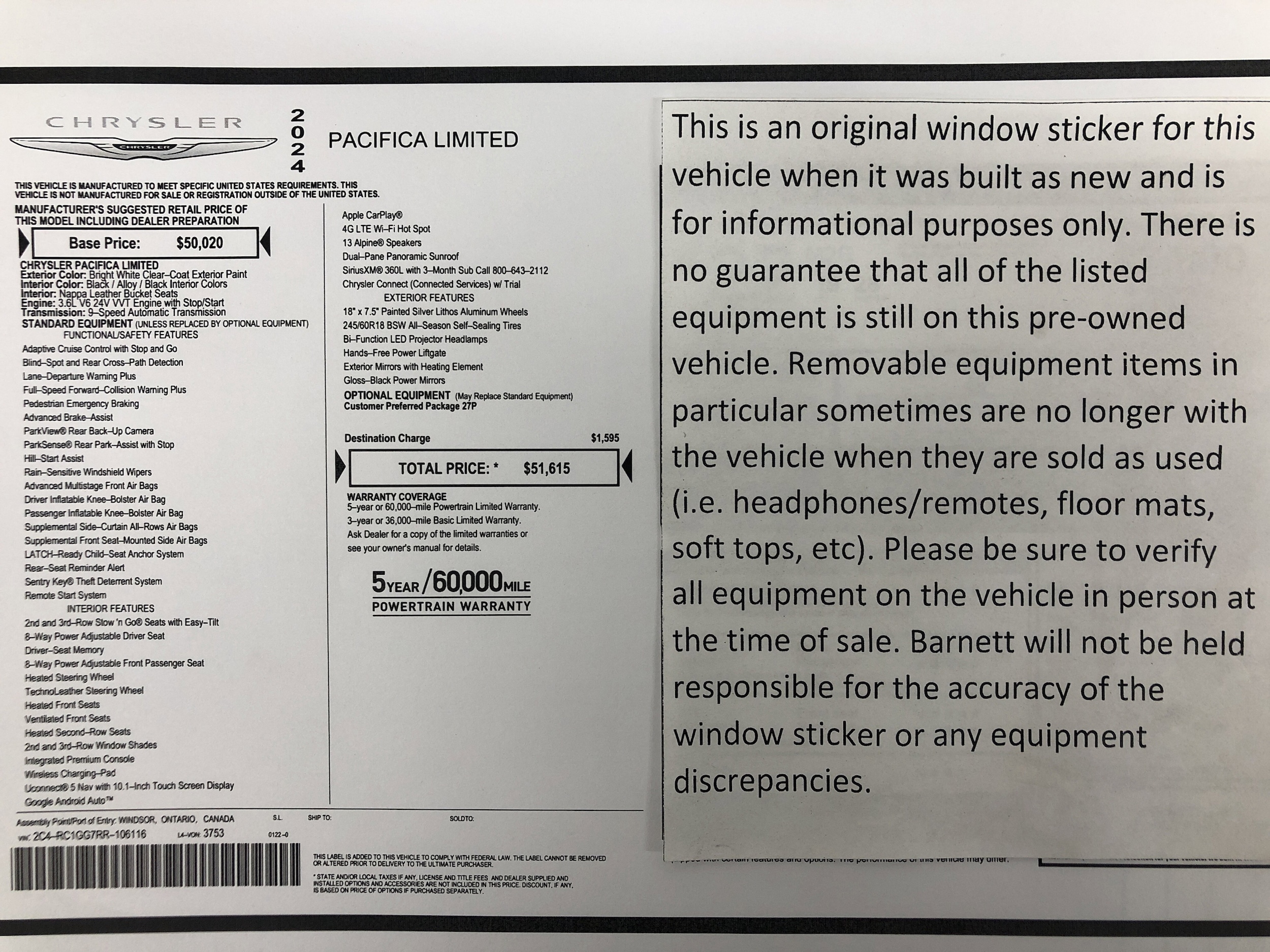 Certified 2024 Chrysler Pacifica Limited with VIN 2C4RC1GG7RR106116 for sale in White Bear Lake, Minnesota
