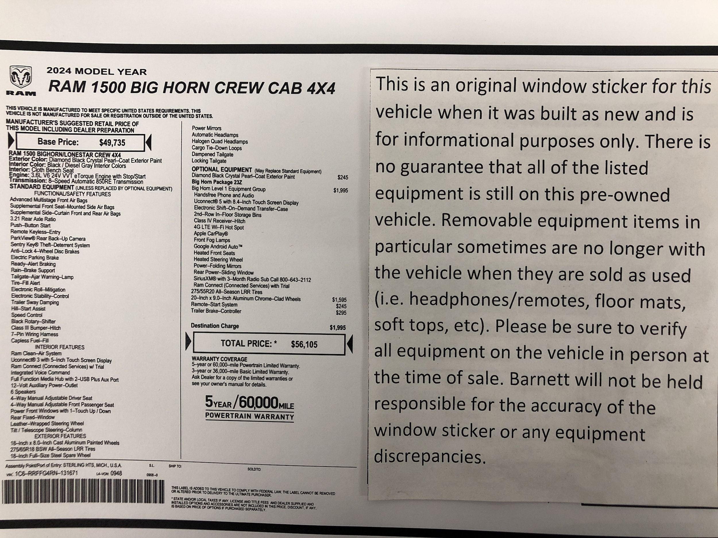 Used 2024 RAM Ram 1500 Pickup Big Horn/Lone Star with VIN 1C6RRFFG4RN131671 for sale in White Bear Lake, Minnesota