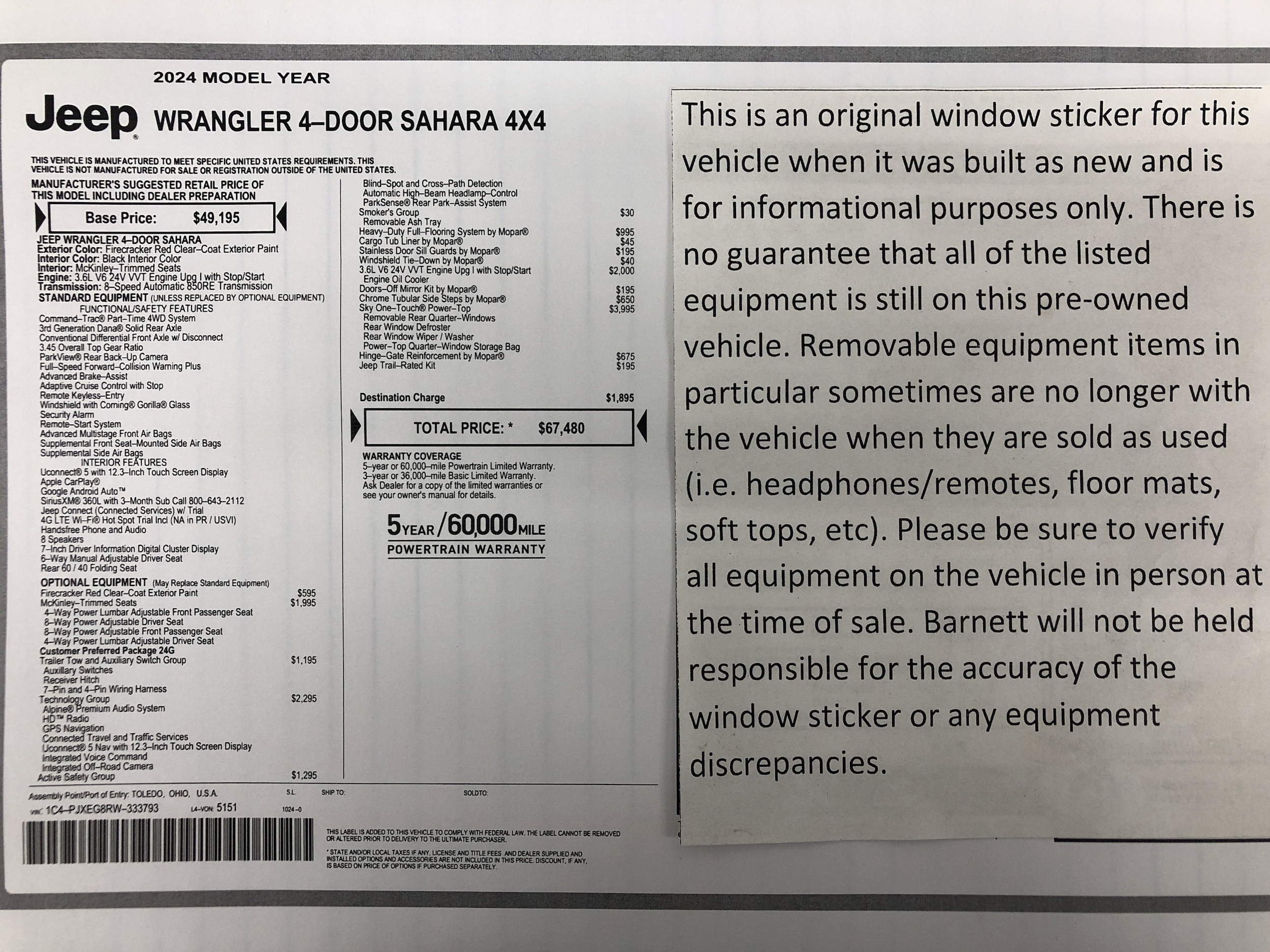 Used 2024 Jeep Wrangler 4-Door Sahara with VIN 1C4PJXEG8RW333793 for sale in White Bear Lake, Minnesota