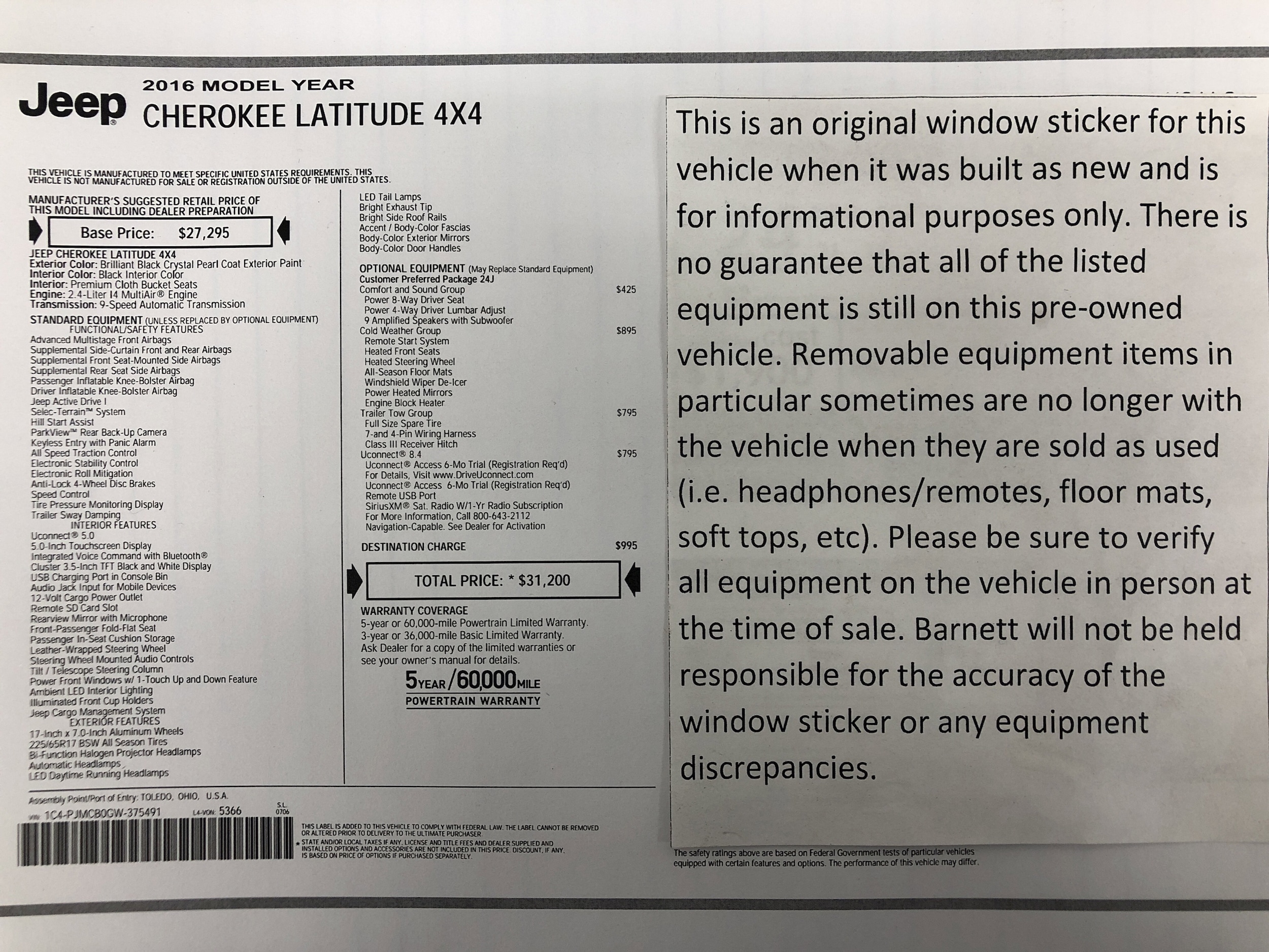 Used 2016 Jeep Cherokee Latitude with VIN 1C4PJMCB0GW375491 for sale in White Bear Lake, Minnesota