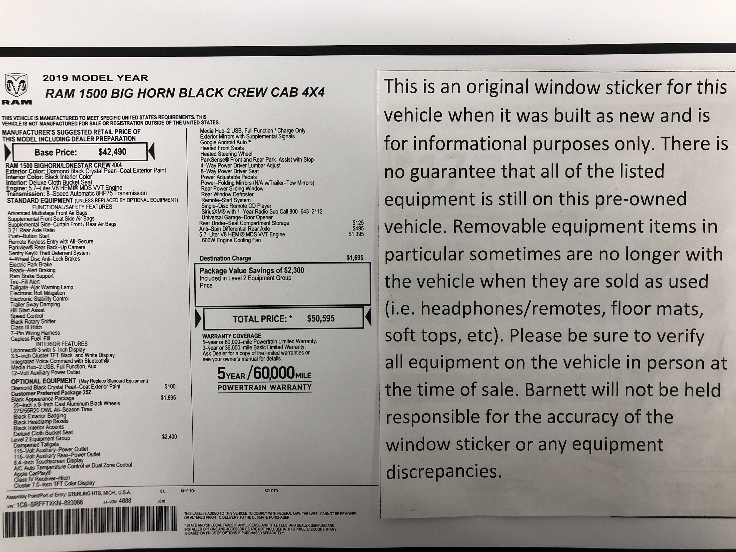 Used 2019 RAM Ram 1500 Pickup Big Horn/Lone Star with VIN 1C6SRFFTXKN893066 for sale in White Bear Lake, Minnesota