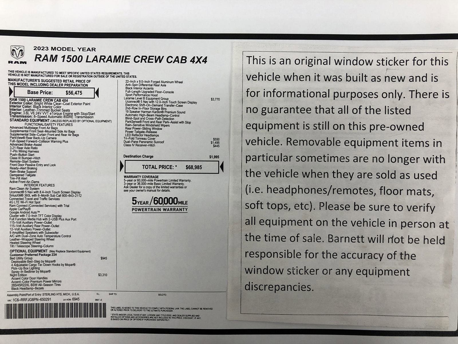 Used 2023 RAM Ram 1500 Pickup Laramie with VIN 1C6RRFJG8PN650291 for sale in White Bear Lake, Minnesota