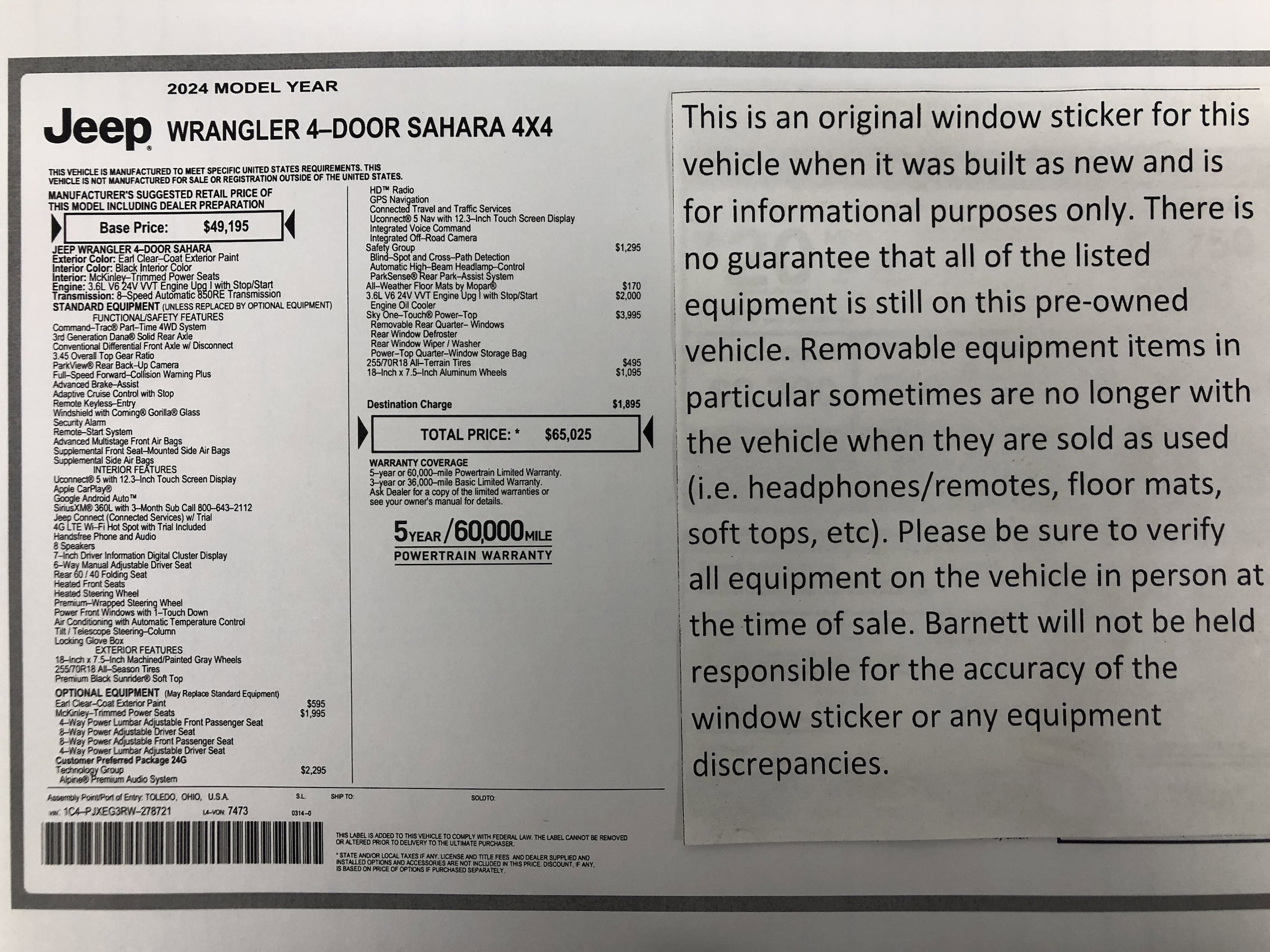 Used 2024 Jeep Wrangler 4-Door Sahara with VIN 1C4PJXEG3RW278721 for sale in White Bear Lake, Minnesota